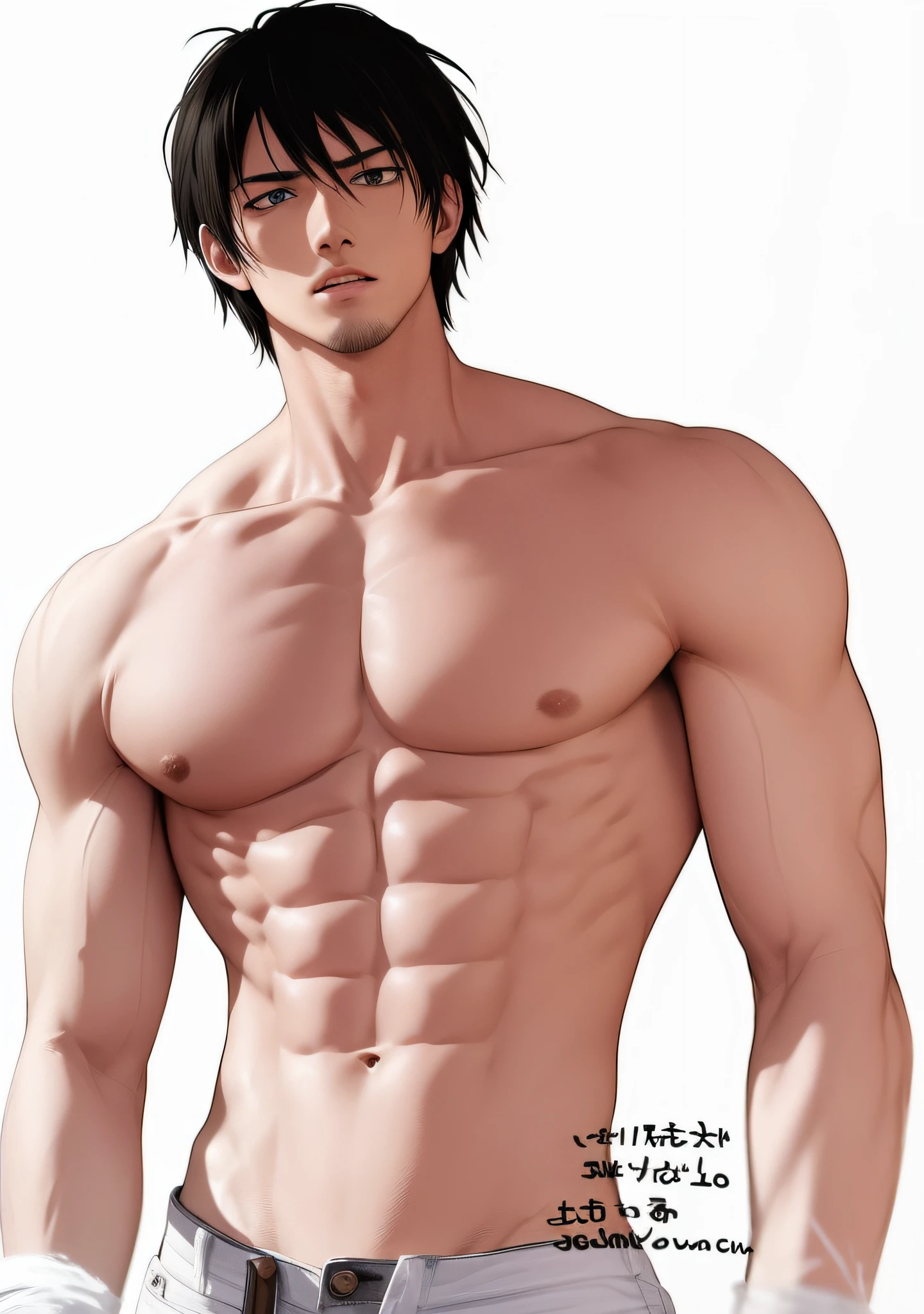 Close-up of a man in a shirt but not a shirt, Muscular!!, A scene from the《attack on titans》, Shirtless, Muscular!, Shirtless :: High detail, Eren Yeager, eren jaeger, Anime handsome man, male anime character, Tall anime guy with blue eyes, SNK, Bare chest, Muscular!!!, kentaro miura art