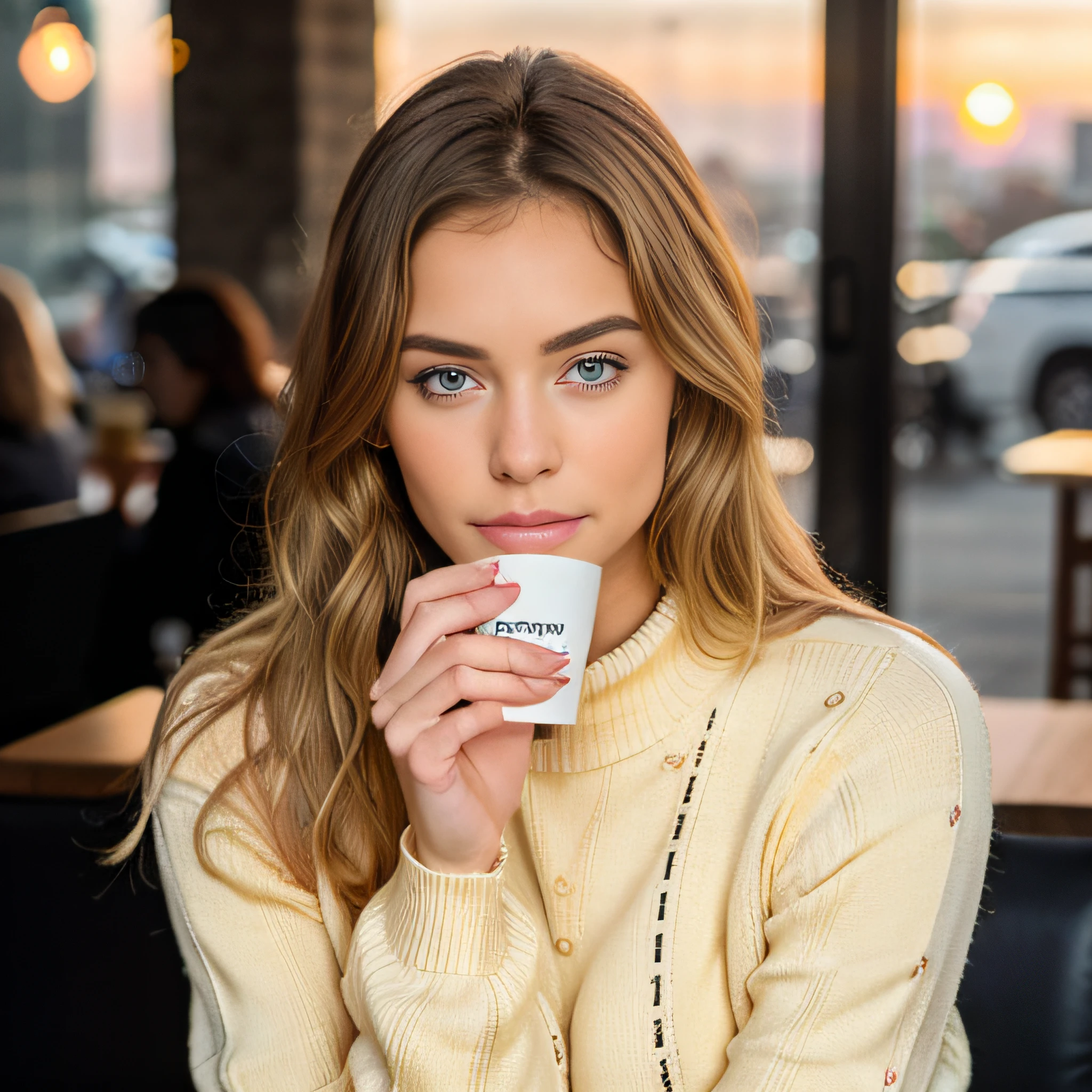 cute beautiful blonde wearing yellow sweater (drinking coffee inside a modern cafe at sunset), very detailed, 21 years old, inoccent face, natural wave hair, blue eyes, high-res, masterpiece, best quality,intricate details, highly detailed,sharp focus, detailed skin,realistic skin texture,texture, detailed eyes, professional, 4k, charmer smile, shot on Canon, 85mm,shallow depth of field,kodak vision color, perfect fit body, extremely detailed, photo_\(ultra\), photorealistic, realistic, post-processing, max detail, roughness, real life, ultra realistic, photorealism, photography, 8k uhd, photography
