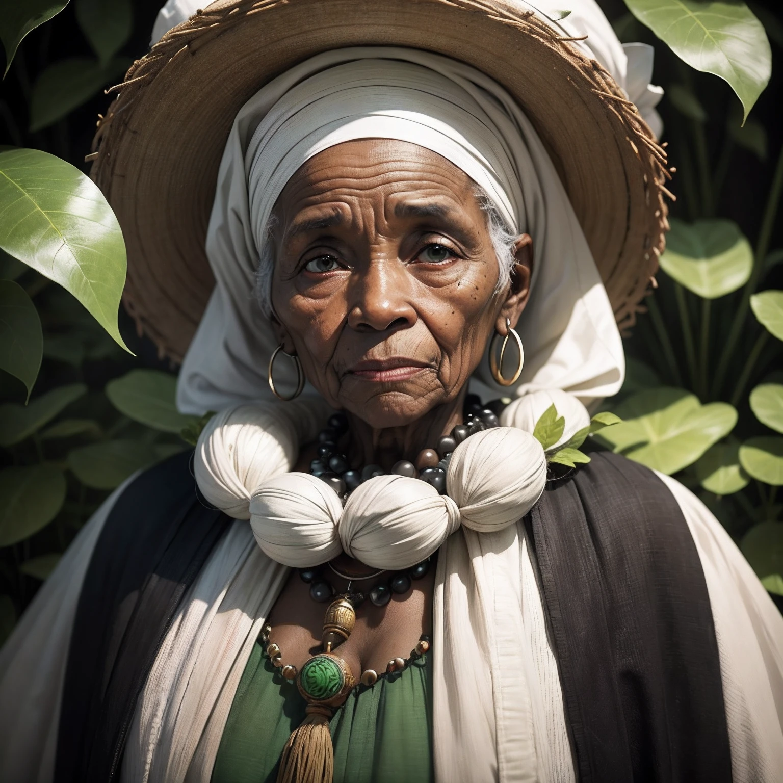 Old black woman aged 95, with a humble, calm and affable expression. Wearing a white oja on her head. In his mouth a pipe. On her neck, a necklace of African quotas. In her ear, a bunch of green leaves. Edward Burtynsky, Social Commentary, Natural Beauty, Fluorescent Lighting, Painterly Feel