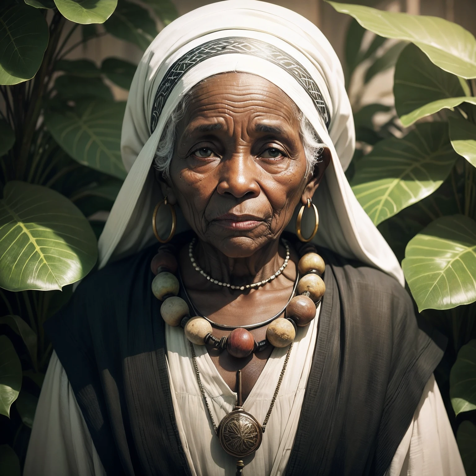 Old black woman aged 95, with a humble, calm and affable expression. Wearing a white oja on her head. In his mouth a pipe. On her neck, a necklace of African quotas. In her ear, a bunch of green leaves.  Edward Burtynsky, Social Commentary, Natural Beauty, Fluorescent Lighting, Painterly Feel