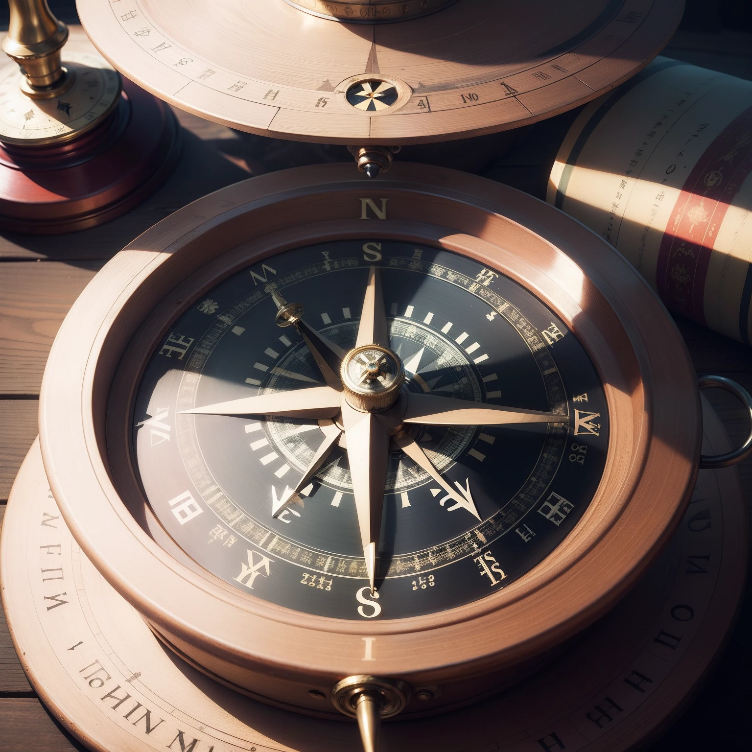 Best quality, masterpiece, (photorealistic:1.4), RAW photo, 8k portrait image of a 19th century ship's navigational (((compass))), imposing and heavy, crafted with fine details of metal parts and a tough, thick, bicelated glass cover. The navigational compass found on the 19th century ship is a masterpiece of engineering and artistry. Its presence on the ship's deck is imposing and evokes a sense of confidence amidst the vast oceans. The base of the compass is made of finely polished and varnished mahogany wood, which gleams in the sunlight. This solid base sits on a metal stand ornamented with intricate engravings that capture the essence of the period. The dome covering the compass is a specimen of craftsmanship. It is constructed of sturdy, thick, bi-cellular glass that is almost a work of art in itself. The glass is so clear and pure that it allows a clear view of the compass inside while protecting its delicate mechanisms from the elements. Inside the dome, the compass takes center stage. Its housing is made of sturdy, polished metal that gleams with a golden or bronze hue, depending on the choice of period design. The engraved letters and numerals on the compass are finely detailed and framed by intricate patterns. The compass saucer is an imposing wheel that turns smoothly and accurately. The compass rose is painted in rich, deep colors that contrast vividly with the background. The cardinal points are marked with old-style lettering that evokes the age of sailing. The carefully designed compass needles are delicate yet functional. The north needle is particularly striking, with an arrowhead pointing purposefully toward the North Pole, while the south needle is in the background, indicating the opposite direction. The compass is mounted on a sturdy gimbal that allows it to remain level even when the ship is bobbing in the waves. The gimbal is adorned with metal details that add a touch of beauty to its practical function.