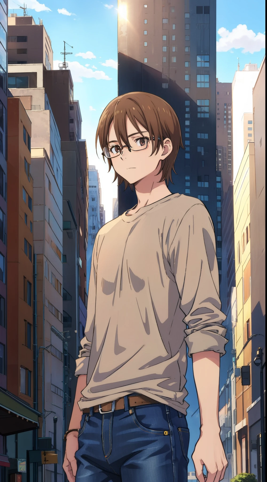 Anime Teen,years all, Brown Combover Hair, Glasses, Grey Shirt, Jeans, City Background, boy