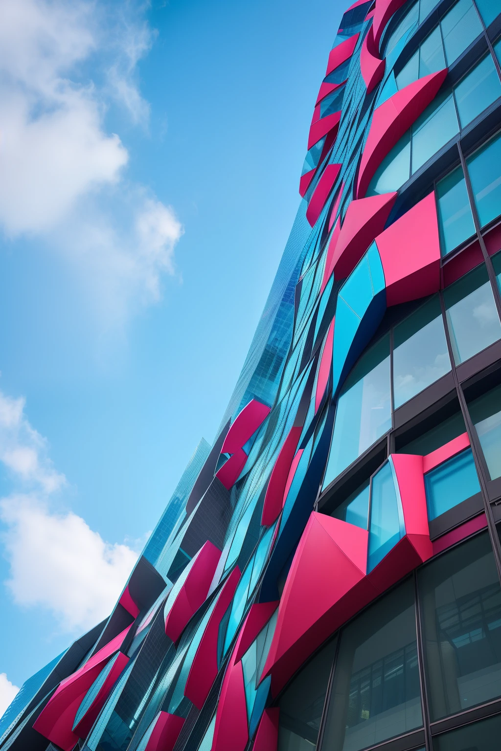 Close-up of a building with many windows and sky background, Colorful architecture, abstract facades of buildings, colorful building, glass wall, Fuchsia - blue building, rounded architecture, curved perspective, Color ( sony a 7 r iv, Sky blue and red tones, curvilinear architecture, architecture photo, architectural photography, details and vivid colors