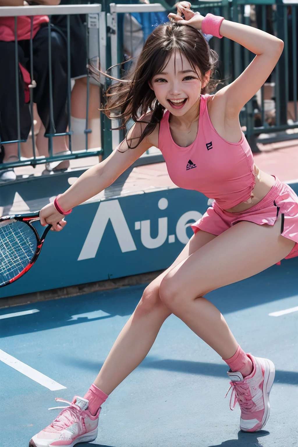 Pubic hair grows、Smile full of happiness、((M-shaped legs:1.3))、Fold your hands behind your head、、Panting face、Lacking、After being attacked、Torn tattered pink tennis wear costume、Sweating、Expression in a state of excitement