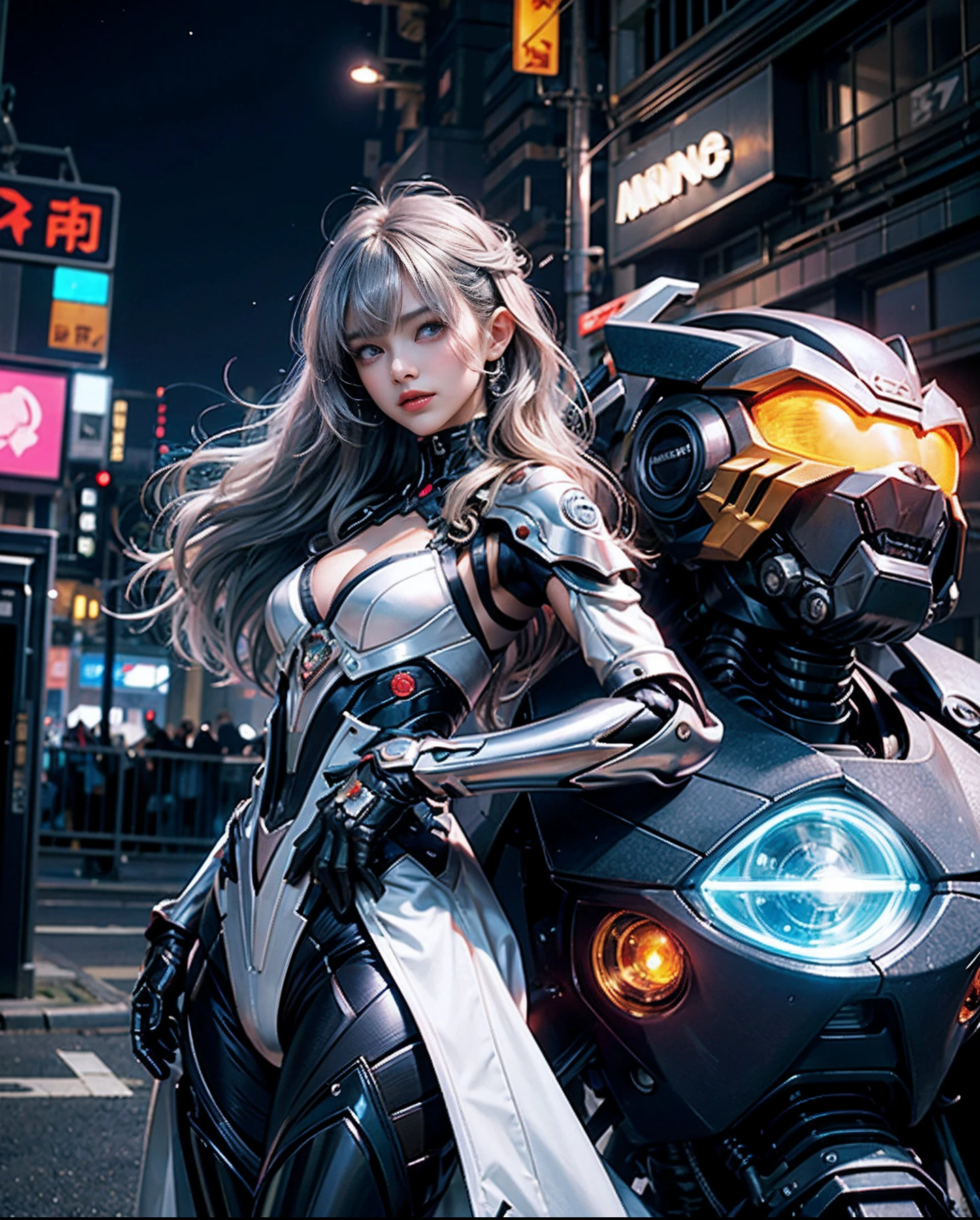 Silver Gradient Color Hair、long fluttering hair、strong breeze、Orange Eyes、radiant eyes、Evangelion Girl、small tit、Breasts are small and B size、The face and chest are alive、Cleavage is visible。photoRealstic、portfolio、Evangelion-style metal mecha suit、an oppai cyberpunk、Gothloli details、metalic、detailed mechanical components、Bundle of thin tubes、Metal cylinder、Detailed neon、Fine LED、Fine parts、The background is a battlefield with neon lights at night、Lots of behind-the-scenes fighting opportunities、Metallic Colorful Suit、Big robot standing in the background、high-heels、Finish as shown in the photo、Eyes are double(A detailed eye), Beautifully detailed、The appearance of looking back is also beautiful、beautifull detailed face、Draw eyes to your audience in attractive poses、silber hair、light skinned、Half Japan and half Russian、a
