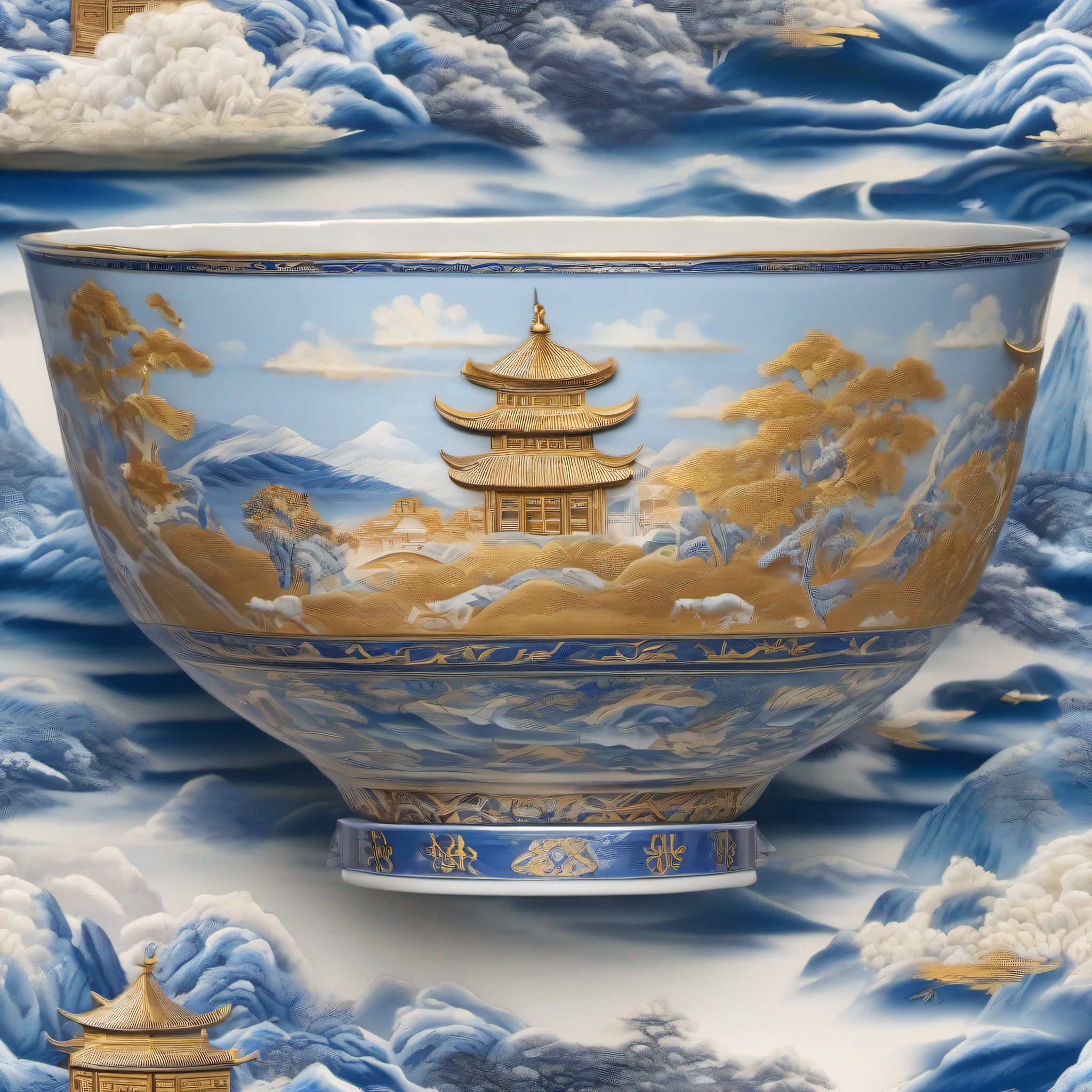 (Close-up of blue-and-white porcelain bowl with gold edge:1.3),The porcelain bowl is painted with a landscape painting of Chinese style,The porcelain bowl sparkles,Exquisitely,Ultra-fine drawing,Complicated details,Studio environment,volumettic light,Top paintings,concept-art,Epic composition,depth of fields,Ultra photo realsisim,8K,超高分辨率,Highest image quality,3D,C4D