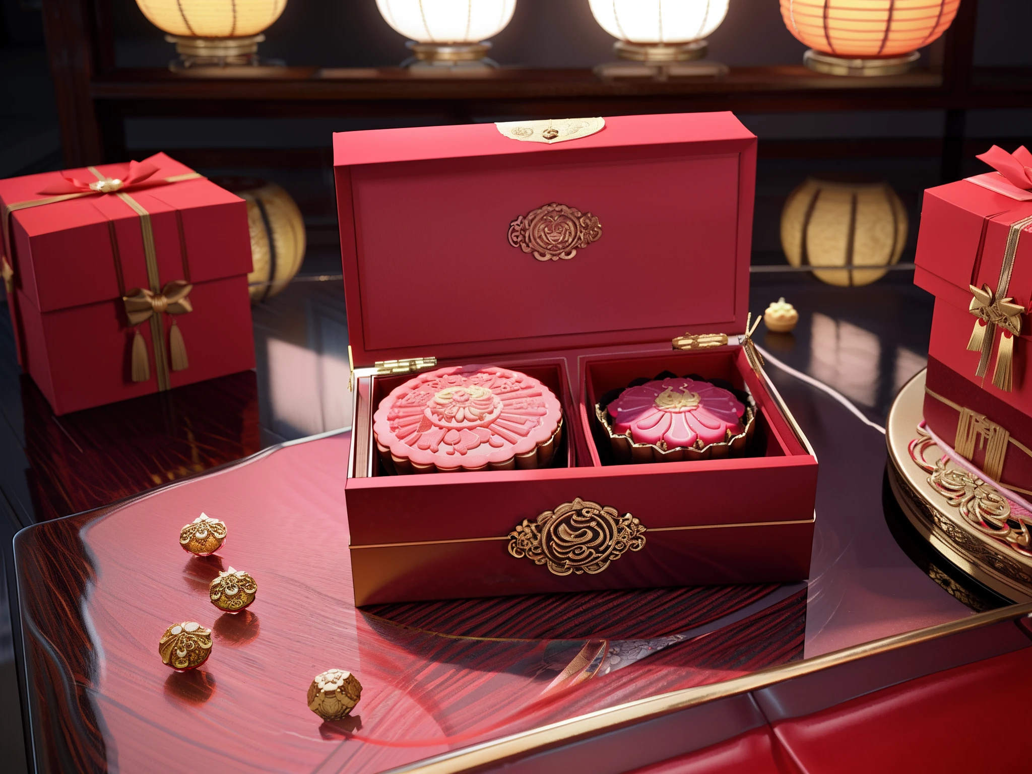 On the table was a box of beautifully packaged mooncakes, Mid-Autumn Festival,inspired by Park Hua, shaxi, Product rendering, rendered in 3 dsmax, 3 d product render, Hong Kong, highly detailed render, high quality 3d render, high quality 3 d render, inspired by Shang Xi, inspired by Wang Yi, Rendered in Cinema4D