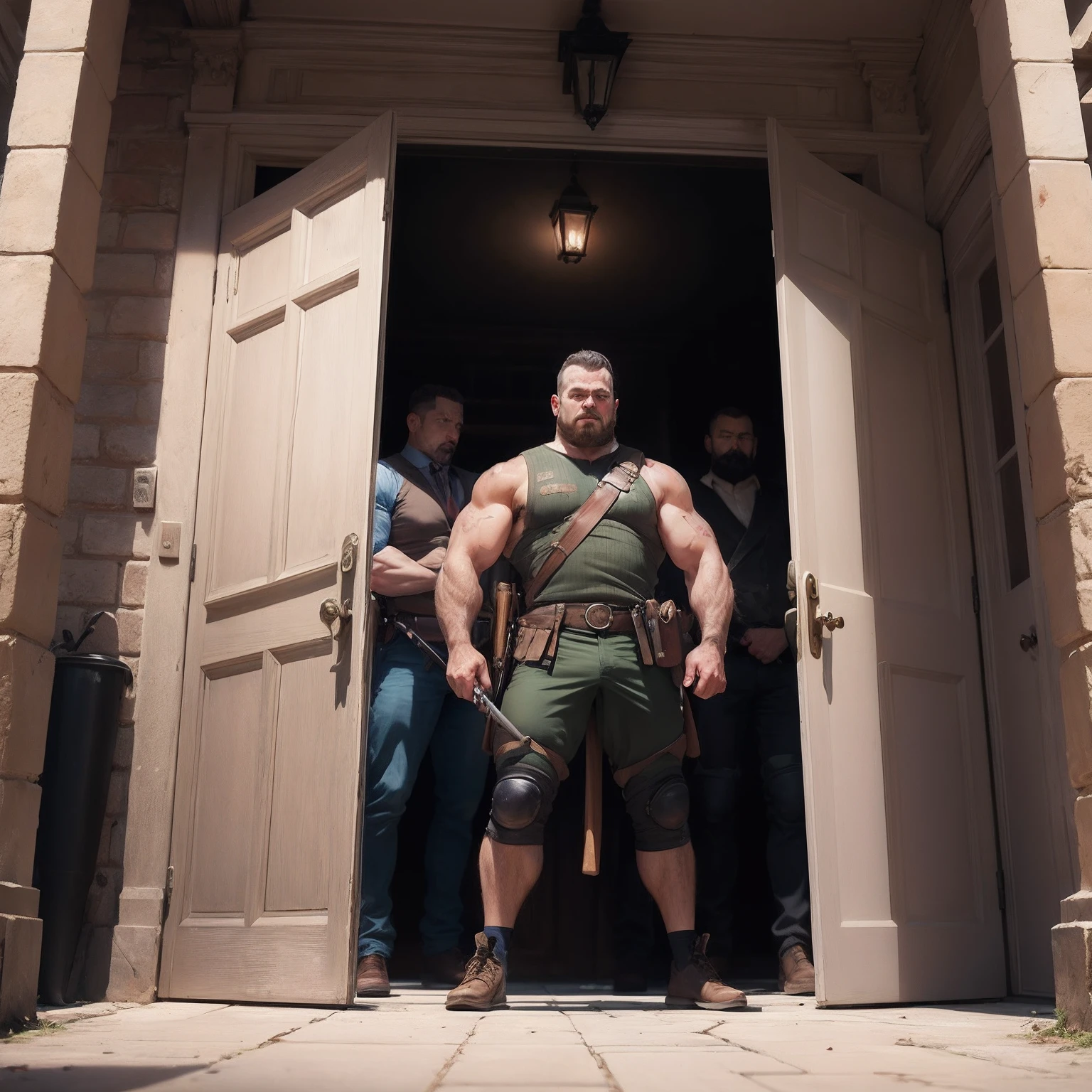 Several strong men,With various weapons in his hands,Blocking the doorstep