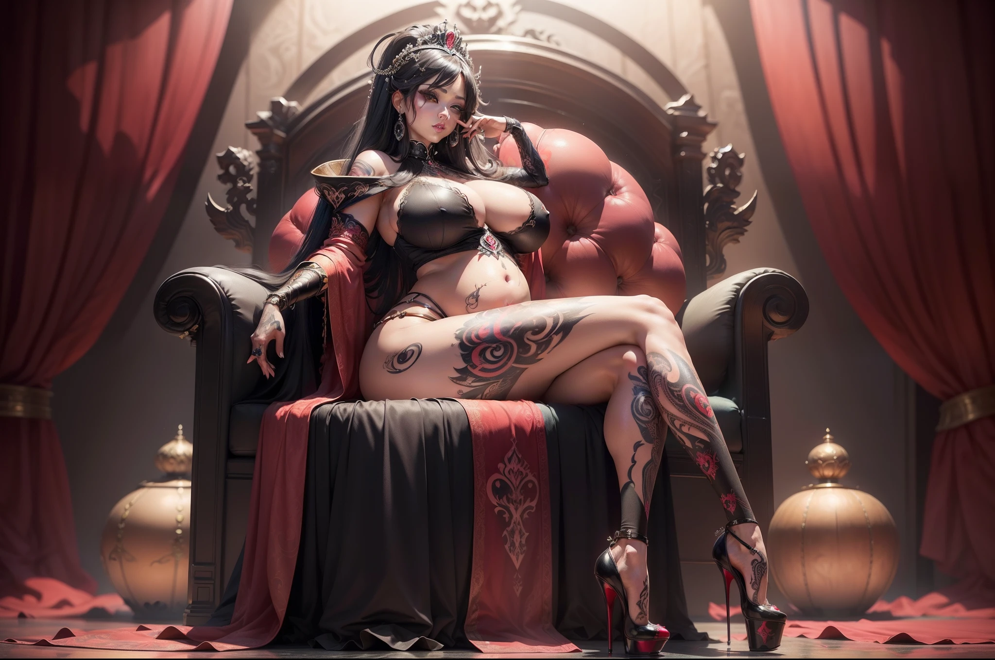 ultra - detailed, A high resolution, 4K,Beautiful spider queen,with whole body visible, Full body photo, photore, Masterpieces, Top quality, scarlet background,Squat and sit,The legs are arranged in an M shape,((a beautiful fantasy empress)), divine render, (((full body shot shot))), ,(((huge ))),(((gigantic hip))),(((Big n waist))),(((high-heels,High soled shoes ))),frontage,Pregnant women with, Huge belly,(((Tattoos replace all clothes))),