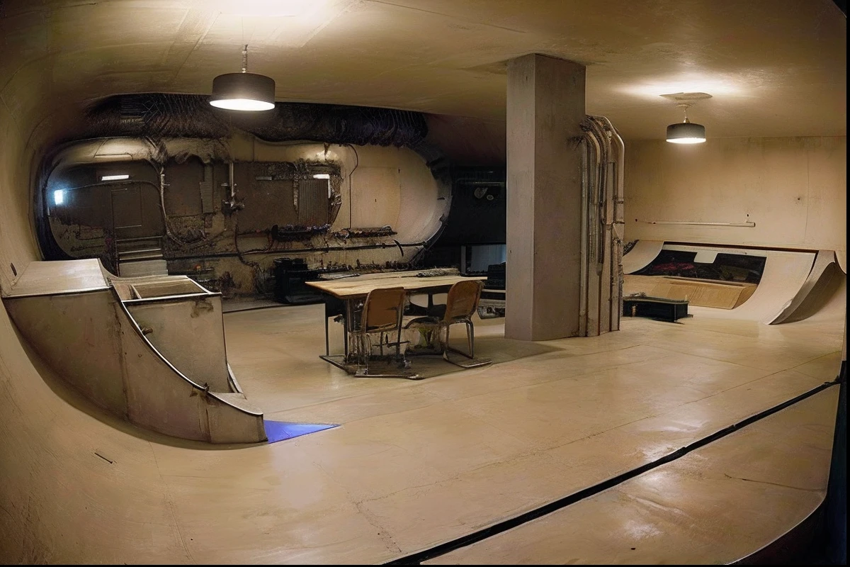 There is a skateboard ramp in the middle of a room, interior, Hitech concrete interior, Showroom Dezeen, basement, Apartamento Bladerunner, Espacio liminal interior, Skatepark, Parque de patinaje, Toma en interior, scenery shot, ffffound, Located in the vault room of the bank, inspirado por Emilio Grau Sala, Underground room, entresuelo, bunker
