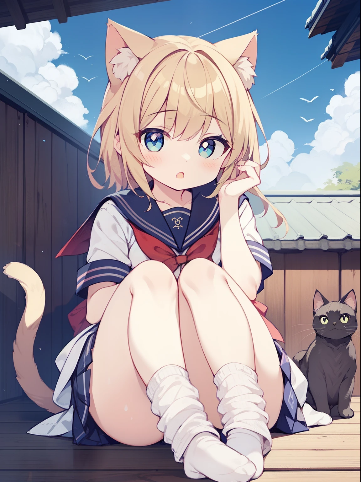 (1girl in:1.2), (Solo:1.2), masutepiece, nffsw、Shaders、Brilliant Textured Work、Ultra-detailed eyes、ultra-intricate pupil in eyes、top-quality、a blond、cat ear、cat eyes eyes、Cat tail、a sailor suit、a miniskirt、loose socks、sleepy eyes、Close one eye、Sitting on the roof、小柄、Gamine、