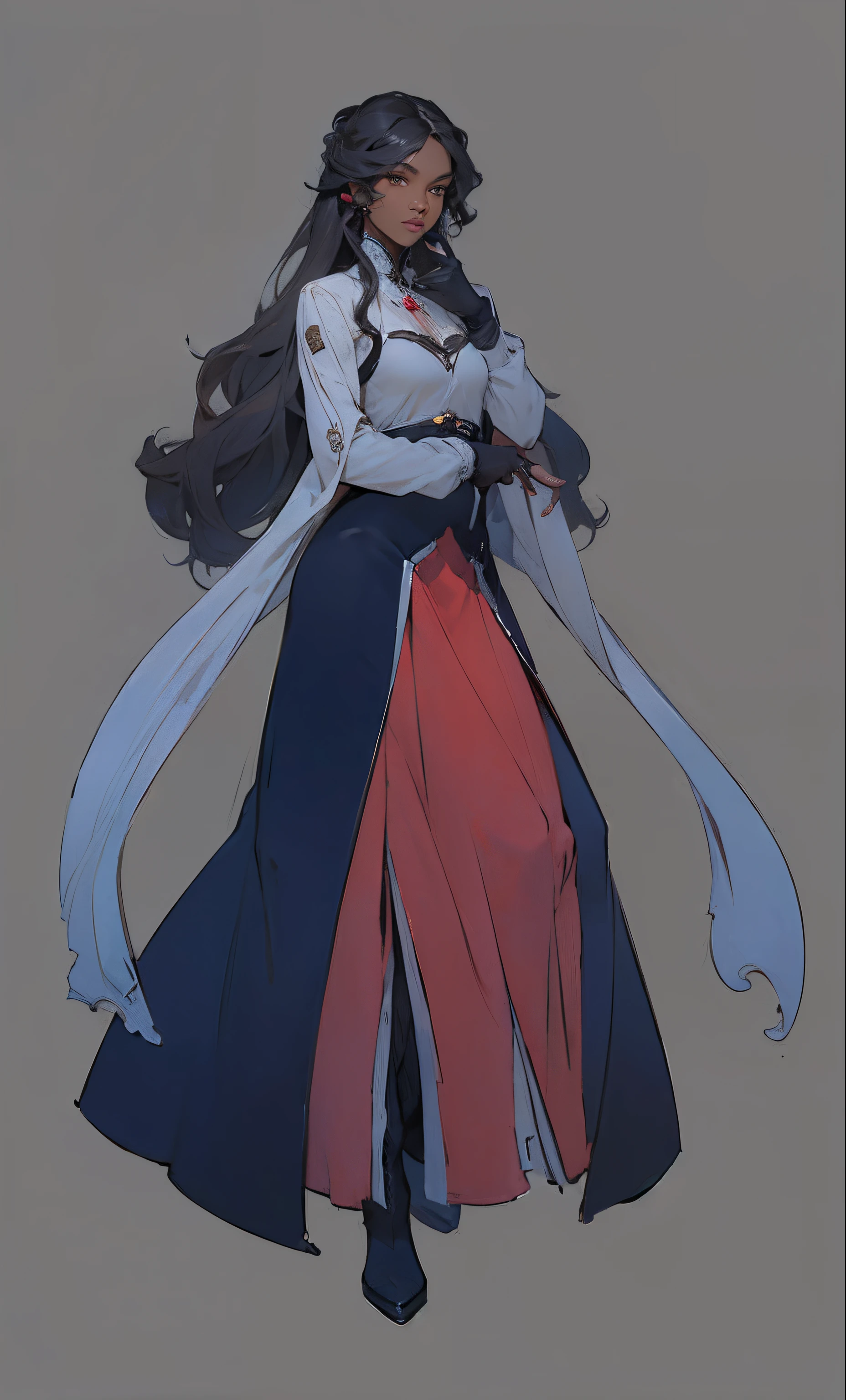 (Masterpiece, best quality) detailed, good-looking perfect face, long curly hair, full of details, dark skin, black gloves on both hands, boots