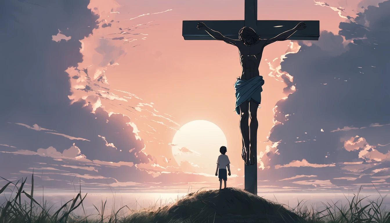 Jesus in the cross, by makoto shinkai and ghibli studio, outlined silhouettes, dramatic lighting, highly detailed, incredible quality, trending on artstation, masterpiece, 8k
