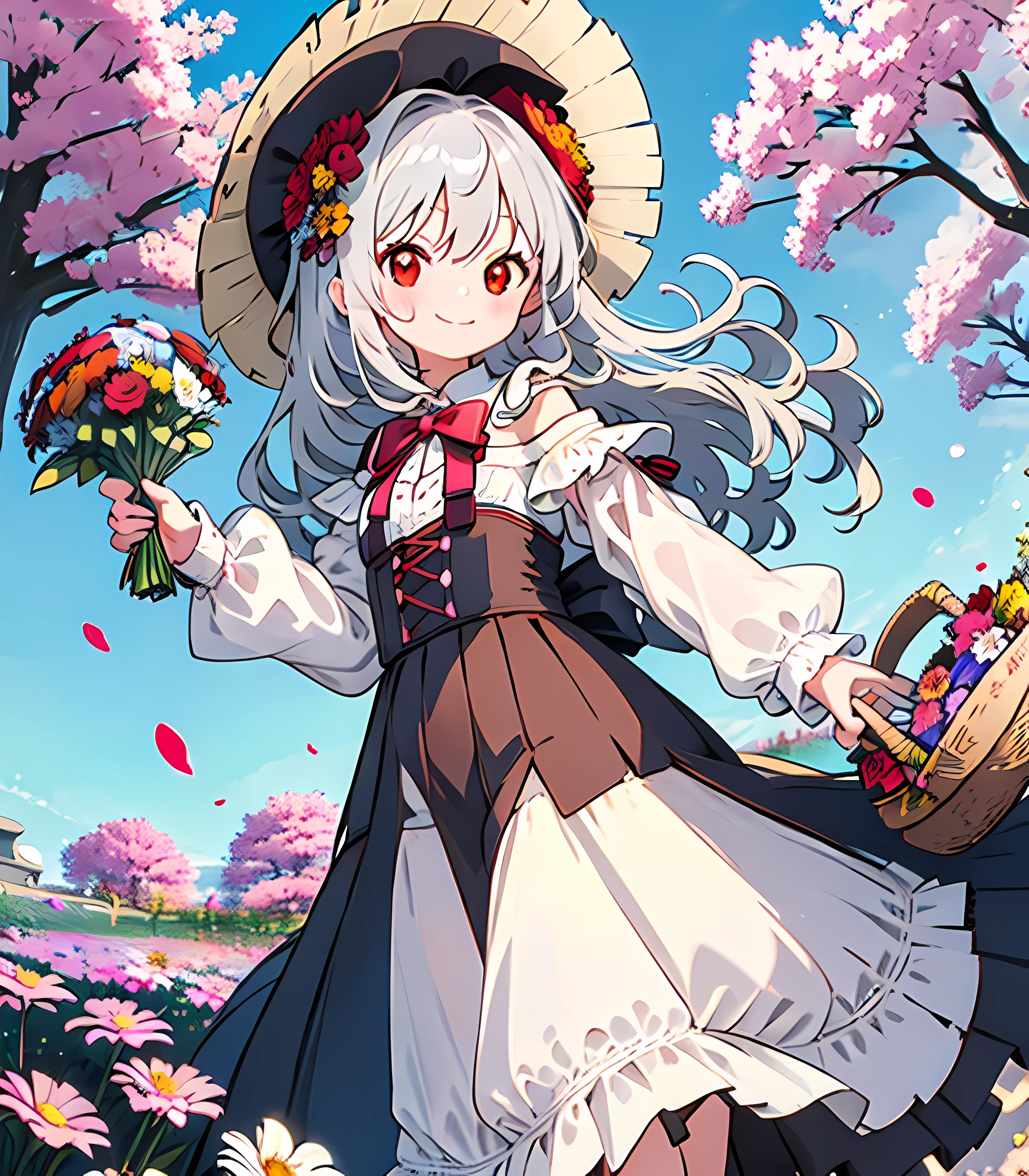masterpiece, best quality, 1girl, solo, long_hair, looking_at_viewer, white hair, red eyes, smile, bangs, skirt, shirt, long_sleeves, hat, dress, bow, holding, closed_mouth, flower, frills, hair_flower, petals, bouquet, holding_flower, center_frills, bonnet, holding_bouquet, flower field, flower field, colorful, vivid color, blue sky, lens flare, depth of field, dutch angle
