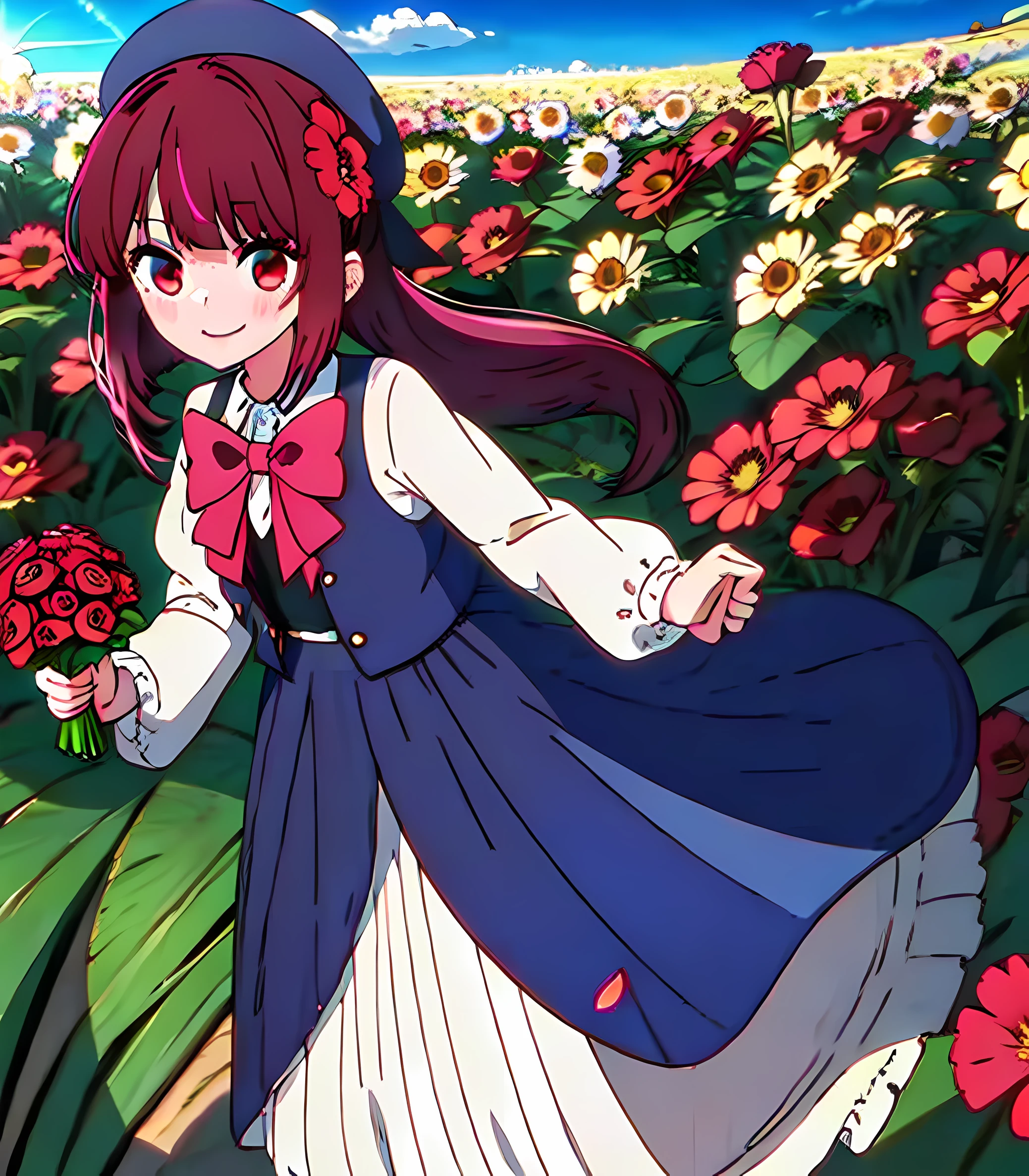 masterpiece, best quality, 1girl, solo, long_hair, looking_at_viewer, white hair, red eyes, smile, bangs, skirt, shirt, long_sleeves, hat, dress, bow, holding, closed_mouth, flower, frills, hair_flower, petals, bouquet, holding_flower, center_frills, bonnet, holding_bouquet, flower field, flower field, colorful, vivid color, blue sky, lens flare, depth of field, dutch angle