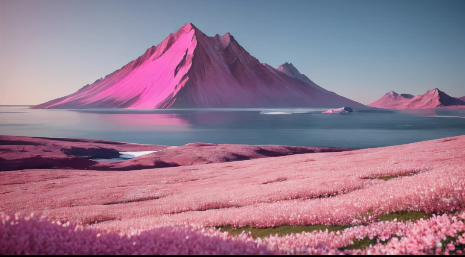 Pink flowers bloom on the mountain，In the middle is a patch of water, sci-fiish landscape, sci-fiish landscape, sci-fiish landscape, sci-fiish landscape, futuristic landscape, ethereal landscape, beautiful landscape rendering, luminist polar landscape, Inspired by Christopher Balaskas, matte digital painting, wide angle scifi landscape, dreamy matte painting