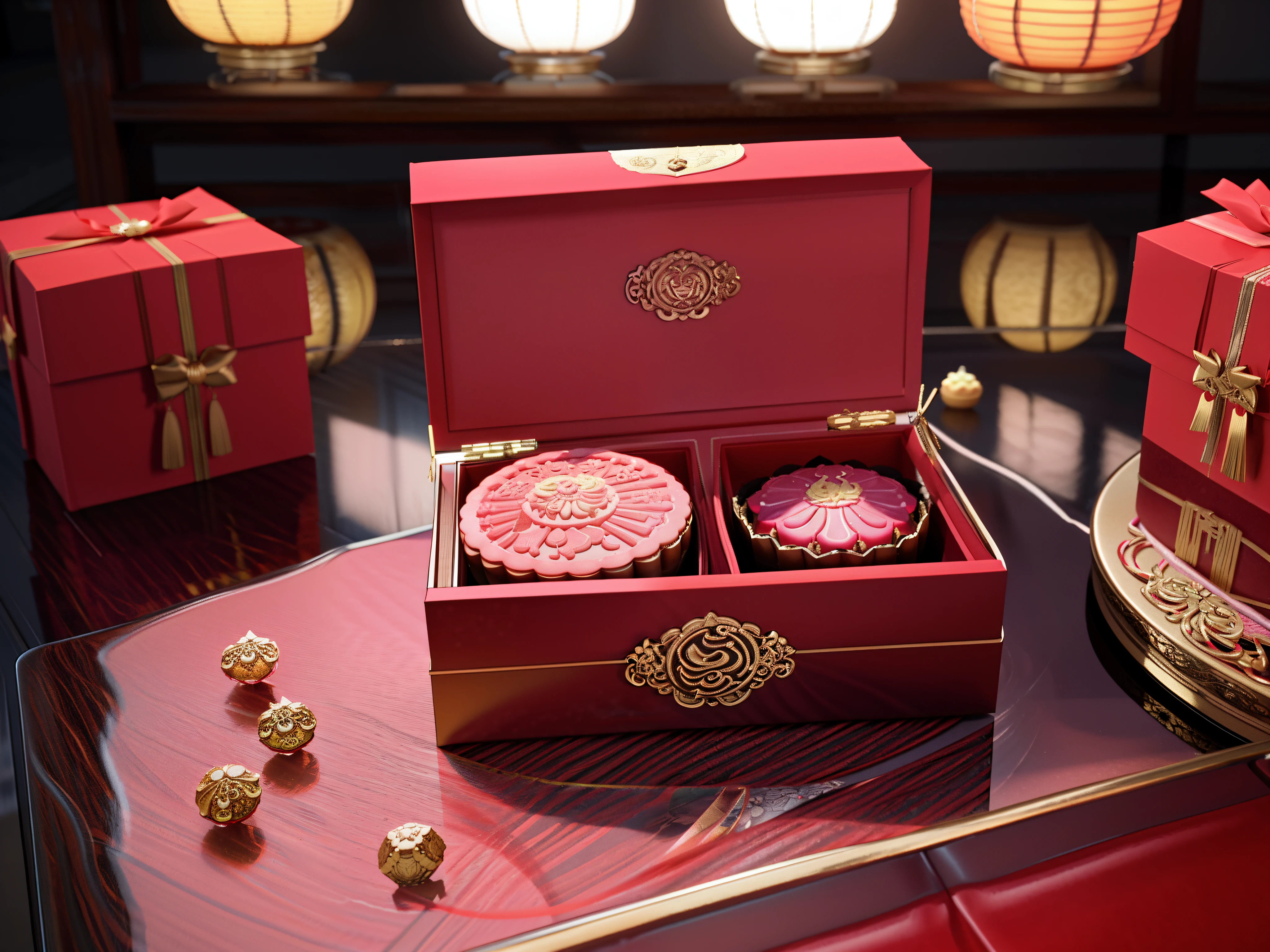 On the table was a box of beautifully packaged mooncakes, Mid-Autumn Festival,inspired by Park Hua, shaxi, Product rendering, rendered in 3 dsmax, 3 d product render, Hong Kong, highly detailed render, high quality 3d render, high quality 3 d render, inspired by Shang Xi, inspired by Wang Yi, Rendered in Cinema4D