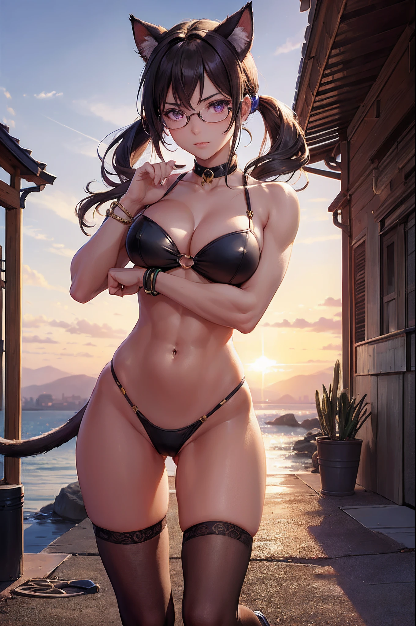 1 girl, (Masterpiece), (best anatomy), highres, ultra-detailed, dynamic lighting, dynamic colors, best background, (scenery), best pose, (medieval fantasy setting), beautiful, hot, (sexy), smooth skin, shiny skin, girl, teen, (cat girl), light poop brown colored hair, twintails, purple colored eyes, sparkly eyes, (cat ears, cat tail), (underwear, glasses, bracelet), muscular, (super confident, super confident eyes, super confident look, super confident pose), ecchi,