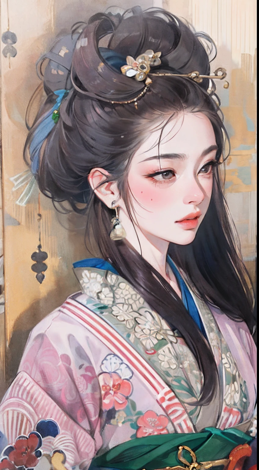 (tmasterpiece:1.2,best qualtiy),(Very detailed face,Real pictures,Realistic skin,photorealistic body,Complicated details),独奏,1 milf,rcasual,ukiyoe painting,cropped shoulders,(aquarelle:1.3),Oiran,