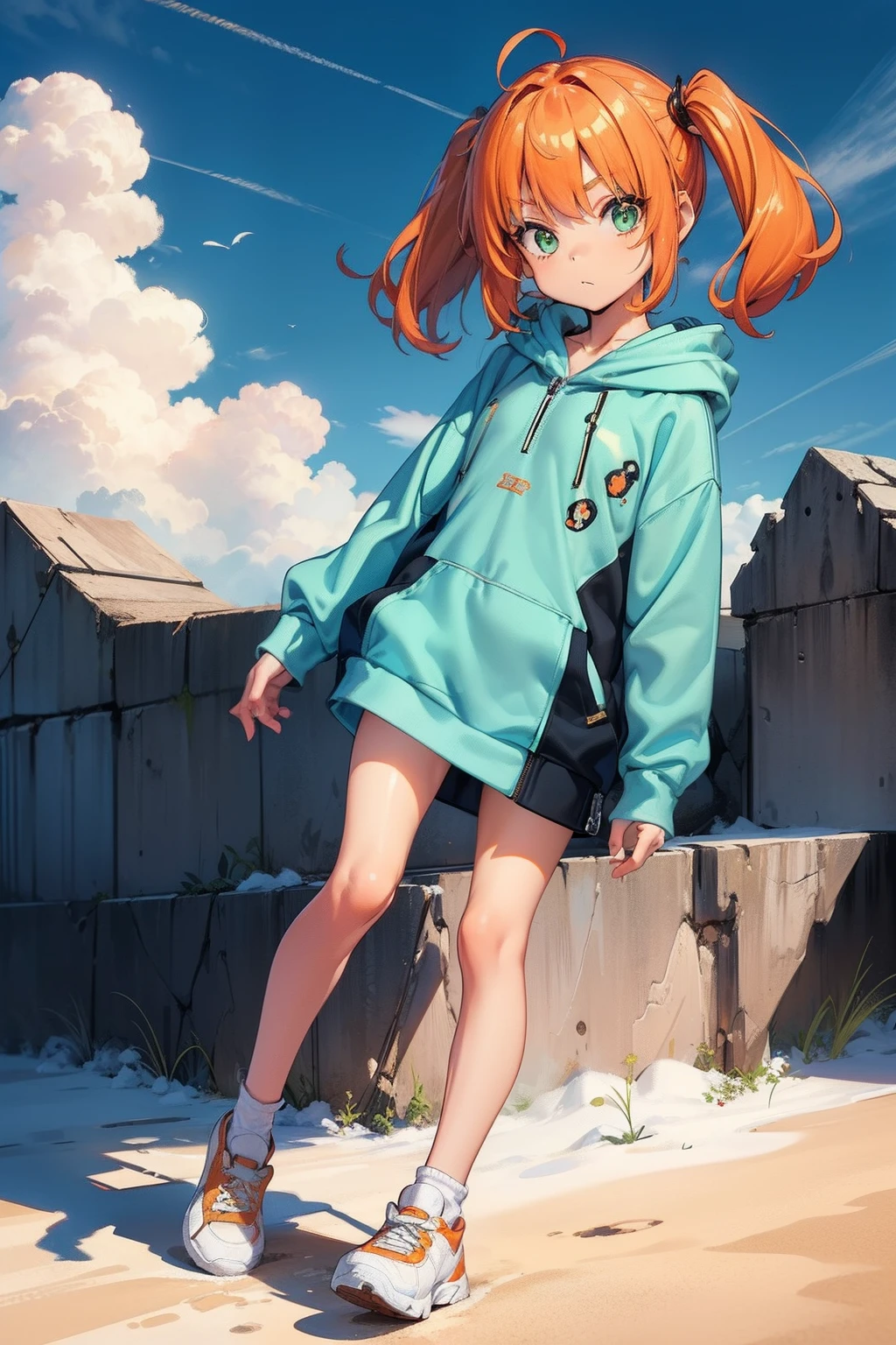 6-year-old girl, ((Little girl:1.2)), Layered Twintail orange Hair, green eyes, ((slender legs:1.4)), ((Skinny:1.2)), ((child:1.5)), Petite, flat chest, No chest, ((bare legs:1.2)), immature, (((oversized cotton Zip Hoodies:1.2))), (loli), Large Sneakers, rooftop, Delicate Beautiful Attractive Face, gleaming skin, ((oily skin)), (Highest Quality, Amazing Details:1.25), (Solo:1.3), Best Shadows, super detailed skin, perfect anatomy, masterpiece,