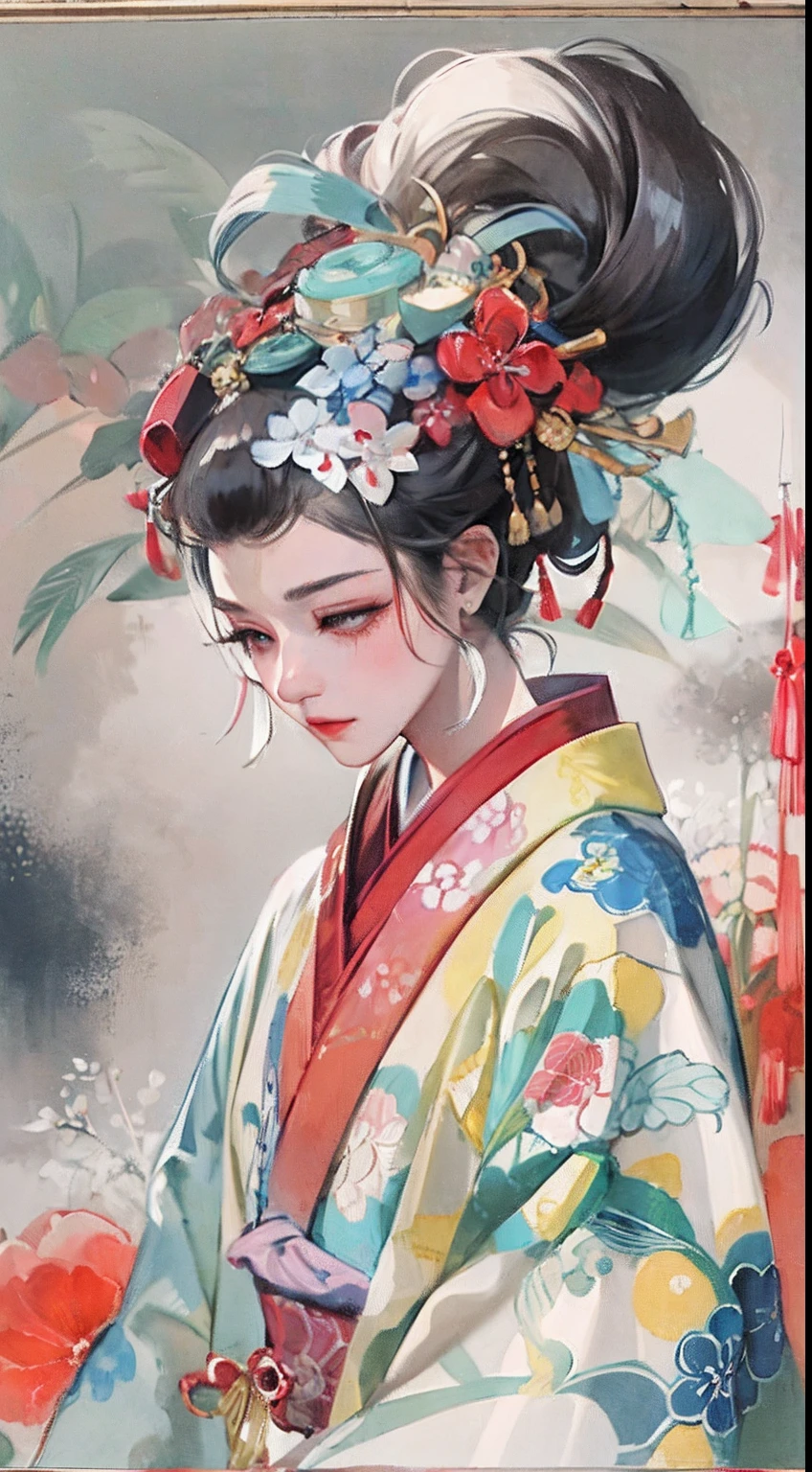 （tmasterpiece：1.2，best qualtiy），（Very detailed face，Real pictures，Realistic skin，photorealistic body，Complicated details），独奏，1 milf，rcasual，ukiyoe painting，cropped shoulders，（aquarelle：1.3），Oiran，