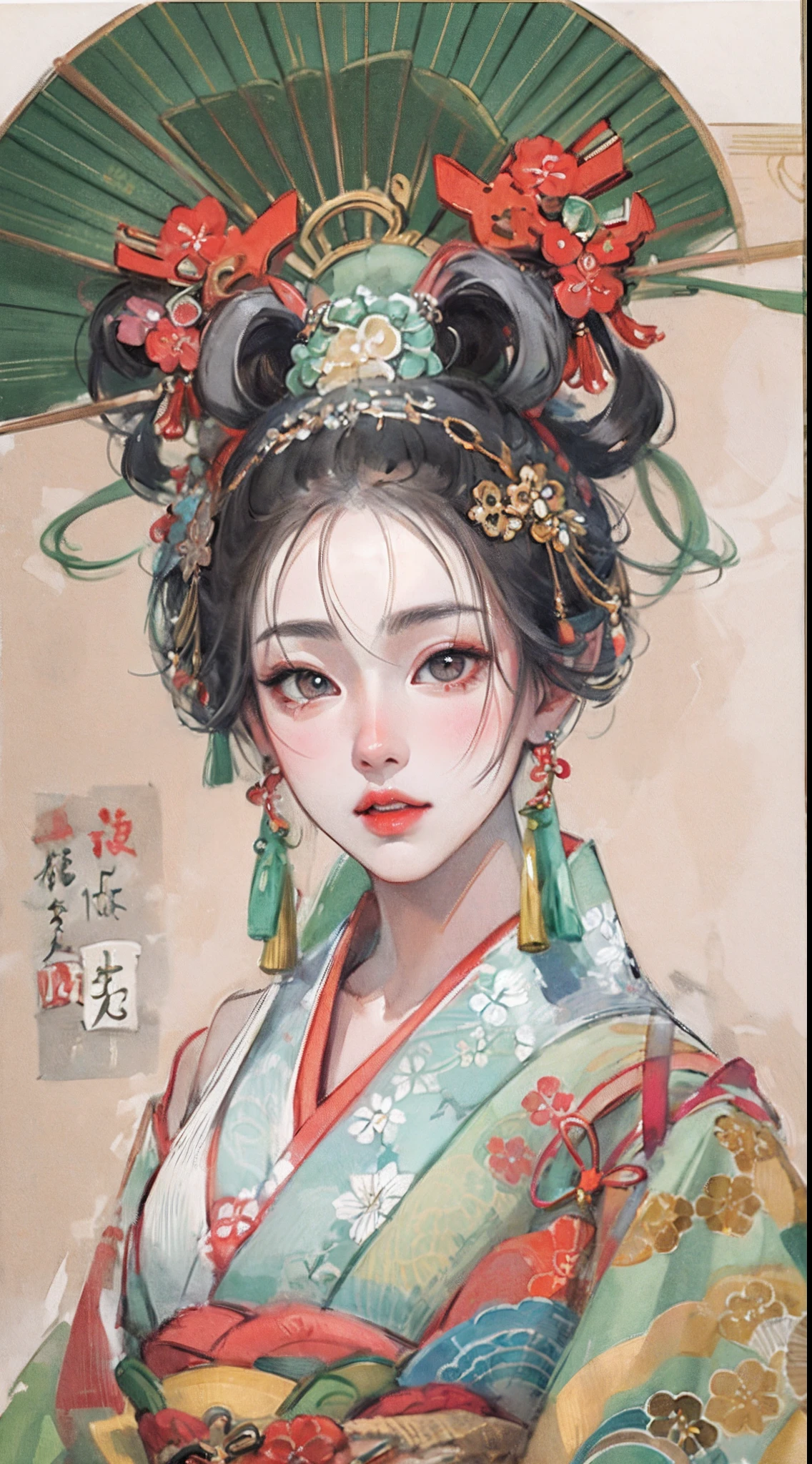 (tmasterpiece:1.2,best qualtiy),(Very detailed face,Real pictures,Realistic skin,photorealistic body,Complicated details),独奏,1 milf,rcasual,ukiyoe painting,cropped shoulders,(aquarelle:1.3),Oiran,