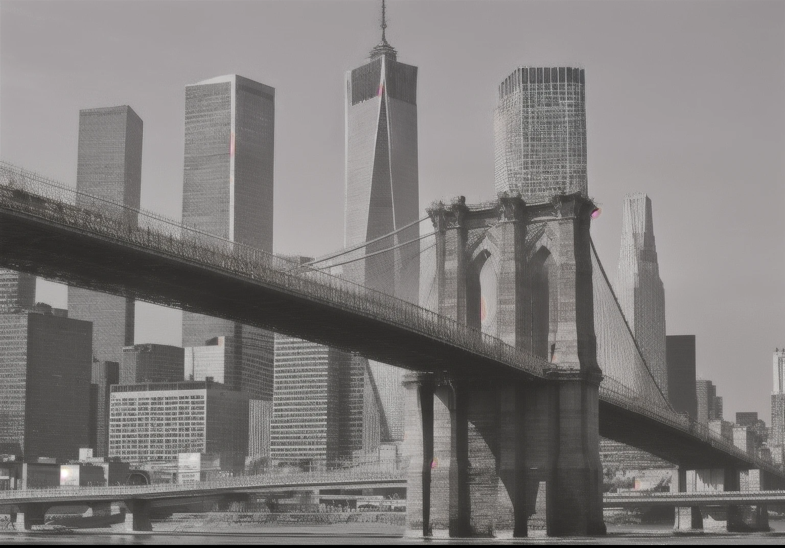 Vista de Arafed de un puente con una ciudad al fondo, Elegantes puentes entre torres, Puente alto con la ciudad en la cima, Antecedentes de Brooklyn, Soaring towers and bridges, Horizonte de Nueva York, Horizonte de la ciudad de Nueva York, New backdrop, desde la distancia, Ciudad de Nueva York, Monochrome photo, Edificios de Nueva York, de cintura para arriba, Alrededores de la ciudad, De cintura para arriba