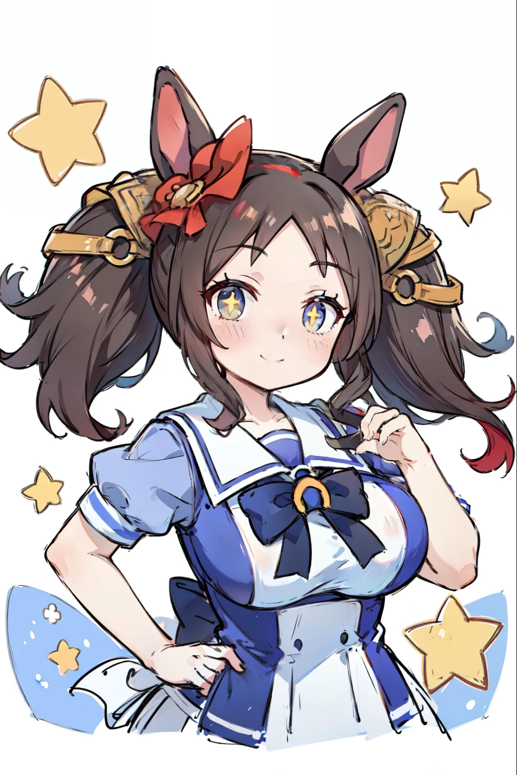 (marvelous sunday \(Umamusume\,Upper body,sketch,Presenting, :1.2)tracen school uniform,Summer uniform,A smile, Marl、Stars in the eyes、Watch the viewer, put hands on the hip, Dark hair, Twin-tailed, Hair Ornament, +_+, dynamicposes、dynamic ungle、Twin-tailed、a closed mouth、large twin tails,Big Breast