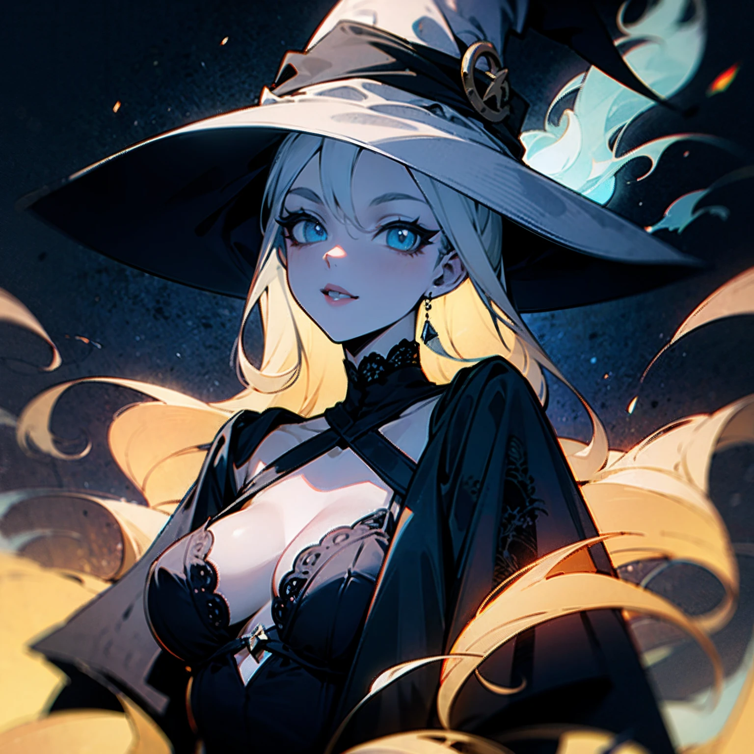 Draw a spooky and mysterious virtual sexy witch girl with sleek black and white lace, surrounded by eerie blue flames