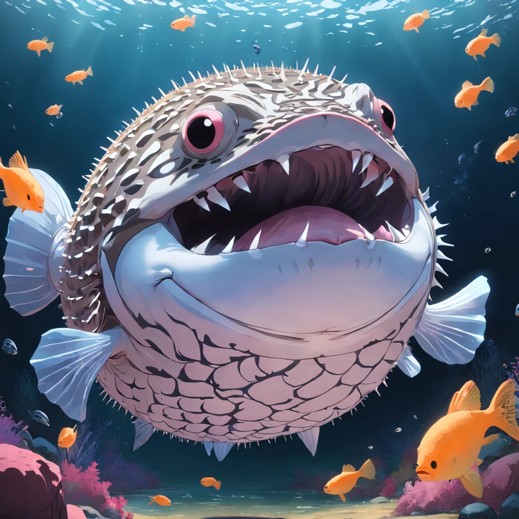 Japanese and giant pufferfish,Fish with ghostly white scales,sewage,variation, Fierce fangs, and a long pink tongue, Masterpiece, Best quality,8K,Realiy,a picture