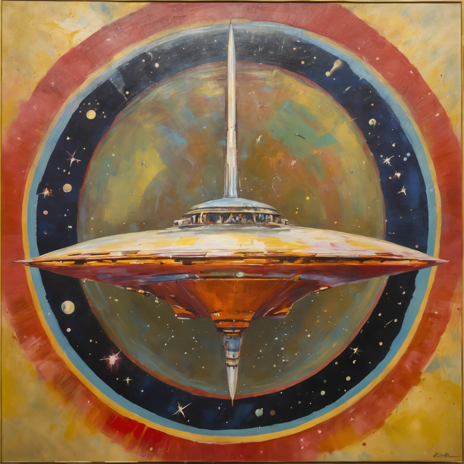 high high quality, Extraterrestrial, Alien cyborgs, Background with stars, broad, Stars , Space battleship,flying saucer, Spaceship, scientific fiction, Retro, 1950s, Sci-fi, lost in space,