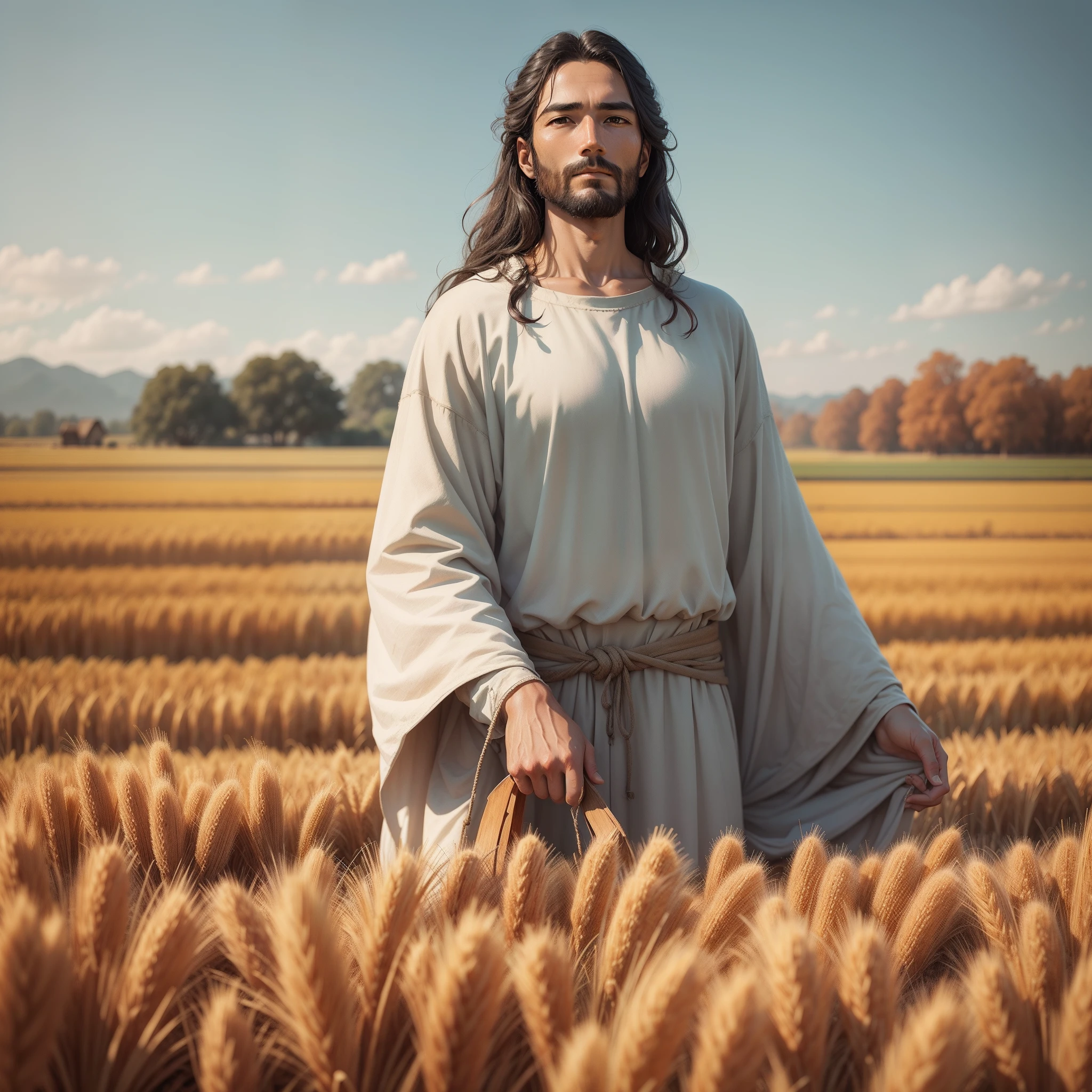 In the farm, during the harvest season, Jesus stood in the autumn rice fields, holding various fruits, vegetables and barley. --auto --s2
