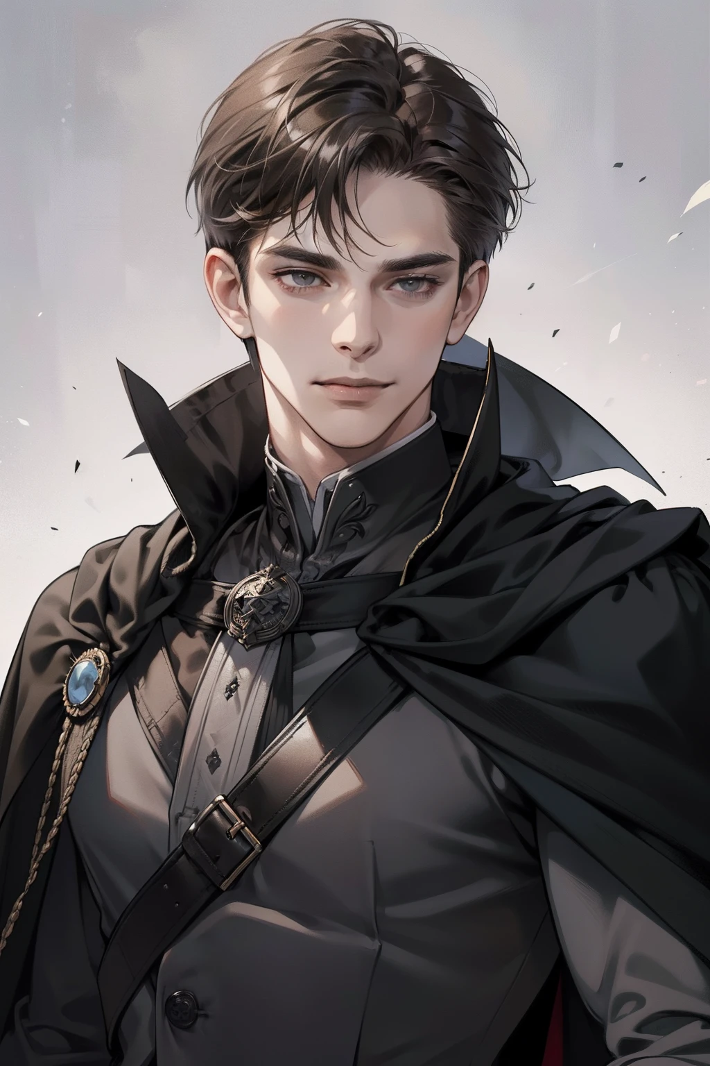 masterpiece, best quality, realistic, 1man, mature male, quiet and charming young man, 25 year old, a smirk, closed mouth, portrait, extremely detailed face, cold and smirk, ((dark grey eyes)), ((short-right-swept dark brown hair)), [thick eyebrows], dark palace, ((long black and cape)), (evil Wizard), ((all black)), (dark grey eyes)