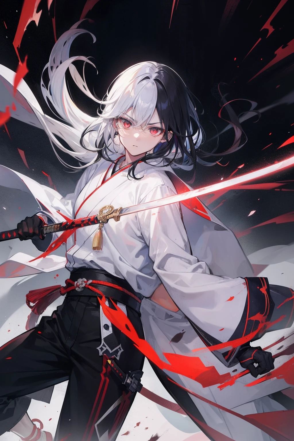 2boys,cabelos preto e longos,Red-eyed teenage man,Run at full speed in the night sky,extreme hight detail,White jacket,Black Hakama,Aoba Ori,Holding a huge blood-colored weapon in one hand,A Japanese style,Intimidating,Engulfed in flames、Sword,wall-paper,CG compositing,Japan best swordsman、action、Glowing eerily with lightning、worn-out、Wallpaper 8K
