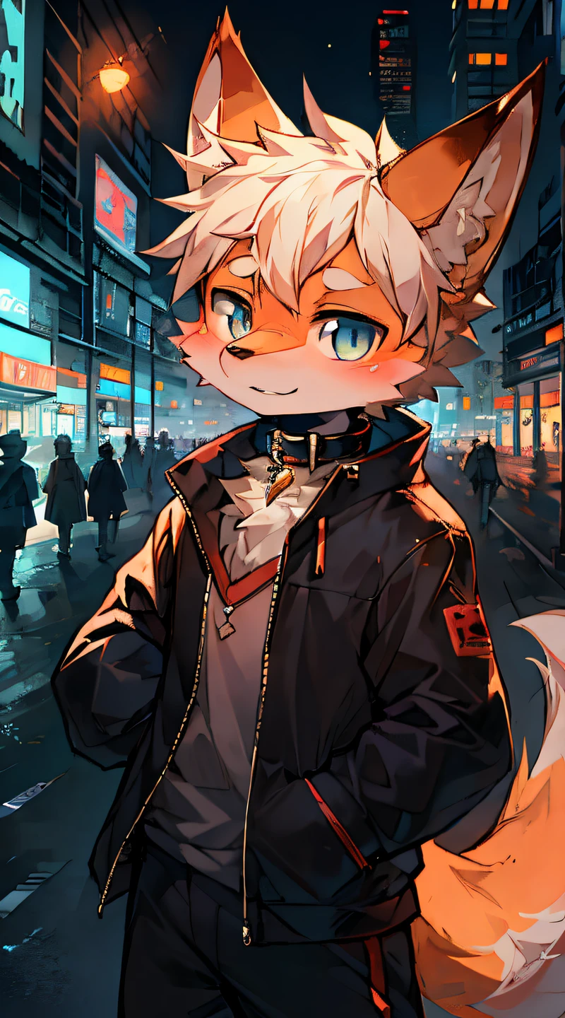 A curious male fox cub is on the street of Cyber City. It has white fur, a thick tail, and a pair of furry big ears. His eyes were filled with curiosity, and the fox cub had an excited and eager expression, ready to explore the world.cyberpunk,fur,furry,BREAK,aoeu,aoeu,aoeu,aoeu,aoeu,aoeu,aoeu,aoeu,aoeu,aoeu,aoeu,aoeu,aoeu,aoeu,aoeu,aoeu,aoeu,aoeu,aoeu,aoeu,aoeu,aoeu,aoeu,aoeu,aoeu.A black collar is worn around his neck.