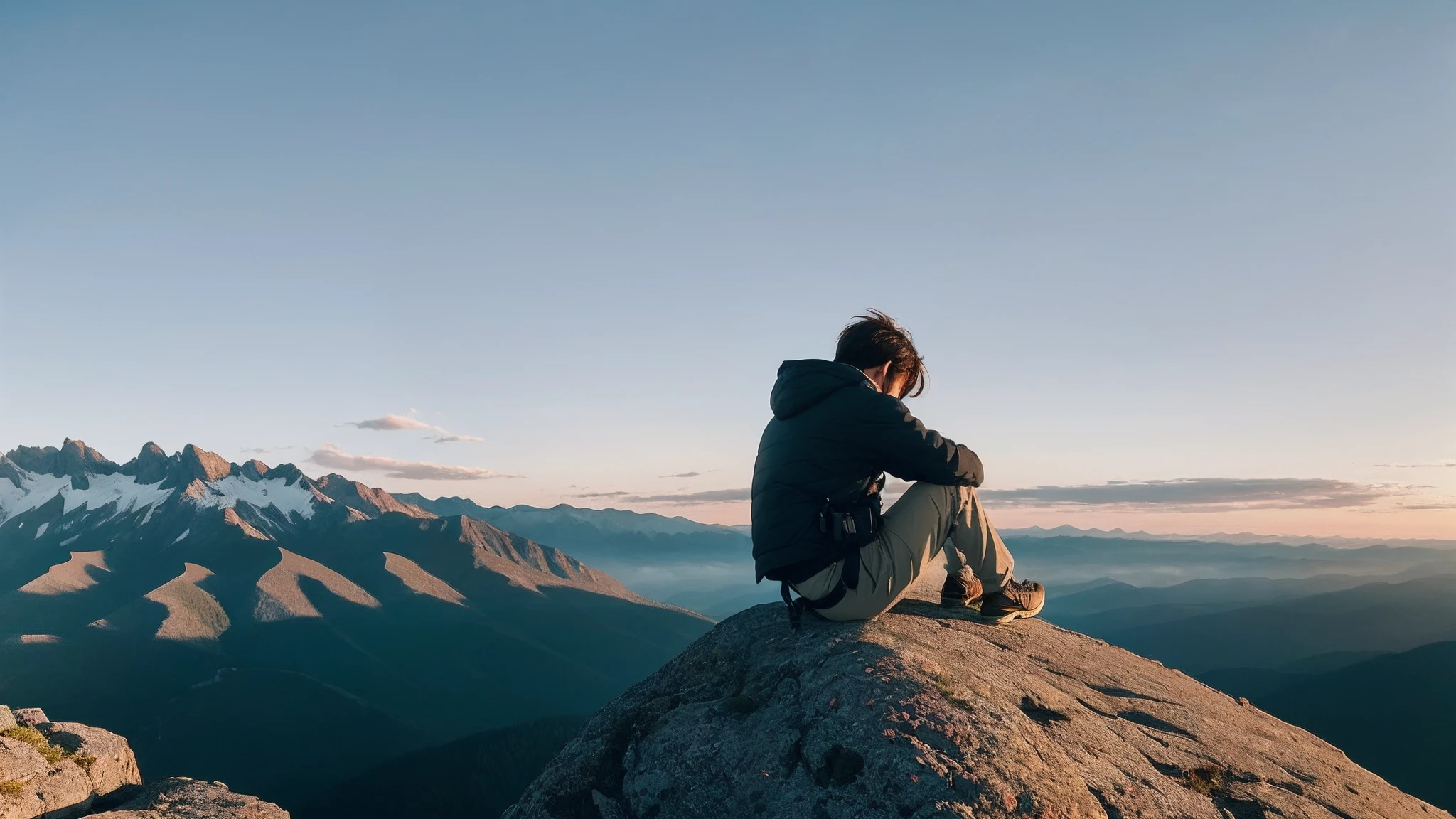 there is a man sitting on a rock looking out over a valley, sitting atop a dusty mountaintop, sitting on a rock, sitting on the edge, looking at the mountains, pensive lonely, pondering, a wanderer on a mountain, climbing mountain in washington, lost in thought, sitting cutely on a mountain, sitting on a martian rock, flip the man