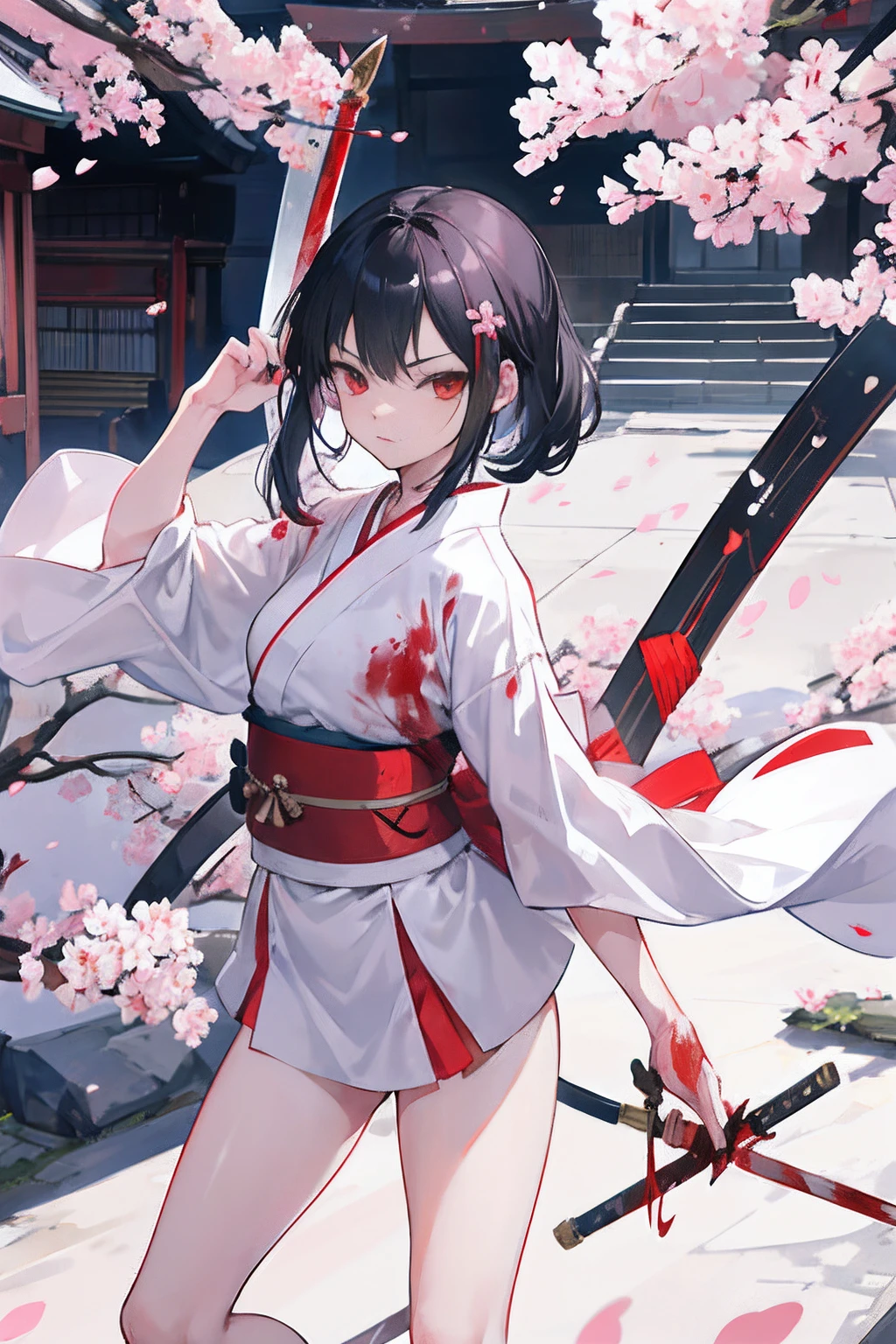 girl with、Weapons with blood on them、Run at full speed、shrines、Great body、Great legs、White kimono black hair with blood on it、Run to the side、Sword、Holding a weapon with blood on it、Cherry blossoms are dancing、poneyTail、Ordinary girl、The actions of two people who fight、Bleeding in the face、8K