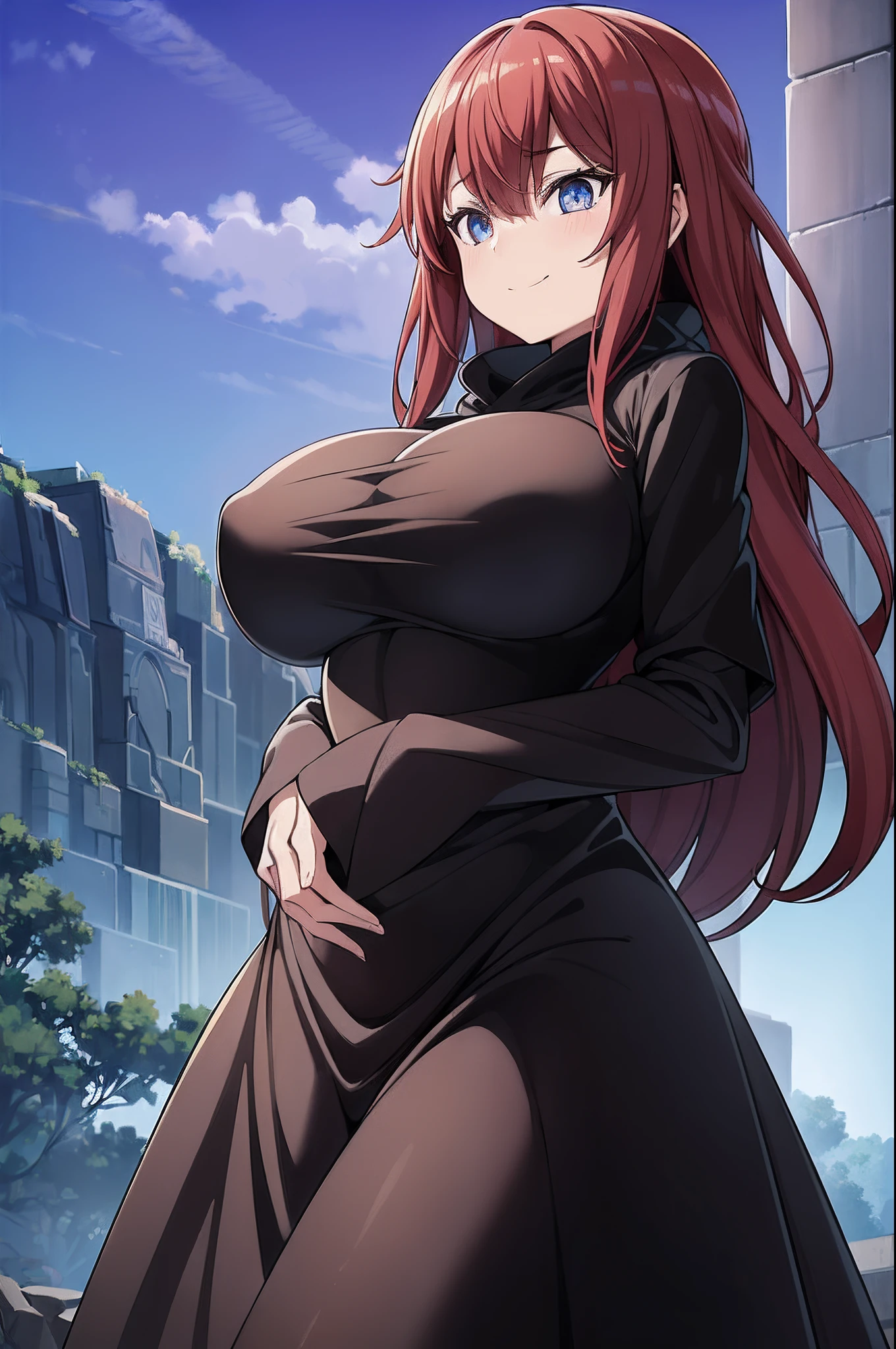 1 girl, (Masterpiece), (best anatomy), highres, ultra-detailed, dynamic lighting, dynamic colors, best background, (scenery), best pose, (godly setting), beautiful, hot, (sexy), smooth skin, shiny skin, woman, adult, small eyes, squinting, (goddess), red colored hair, long hair, bright blue colored eyes, sparkly eyes, (glowing eyes), ((huge breasts, big breasts)), (black feathered cloak, black feathery cloak), (very friendly, soft smile, warm smile, warm eyes, soft eyes, friendly pose, friendly stance), (nude, naked), nipples, pussy, vagina