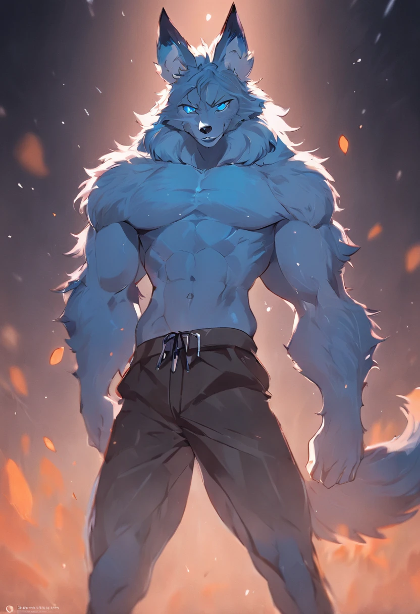 4K, high resolution, Best quality, Masterpiece, perfect colors, perfectly shaded, Perfect lighting, posted on e621, (by Chunie), Furry, anthro, Furry art, ((Portrait)), Male wolf, gray wolf, (two-toned fur), hairy bodies, Blue eyes, (Seductive look:1.2), fit body, perfect male figure, Wear men's shorts,Abs,musculature,Detailed fur, Detailed face, Perfect face, (The stands up), Detailed background, ((Bonifasko lighting)), Wolf tail, (Detailed eyes), perfect pupils
