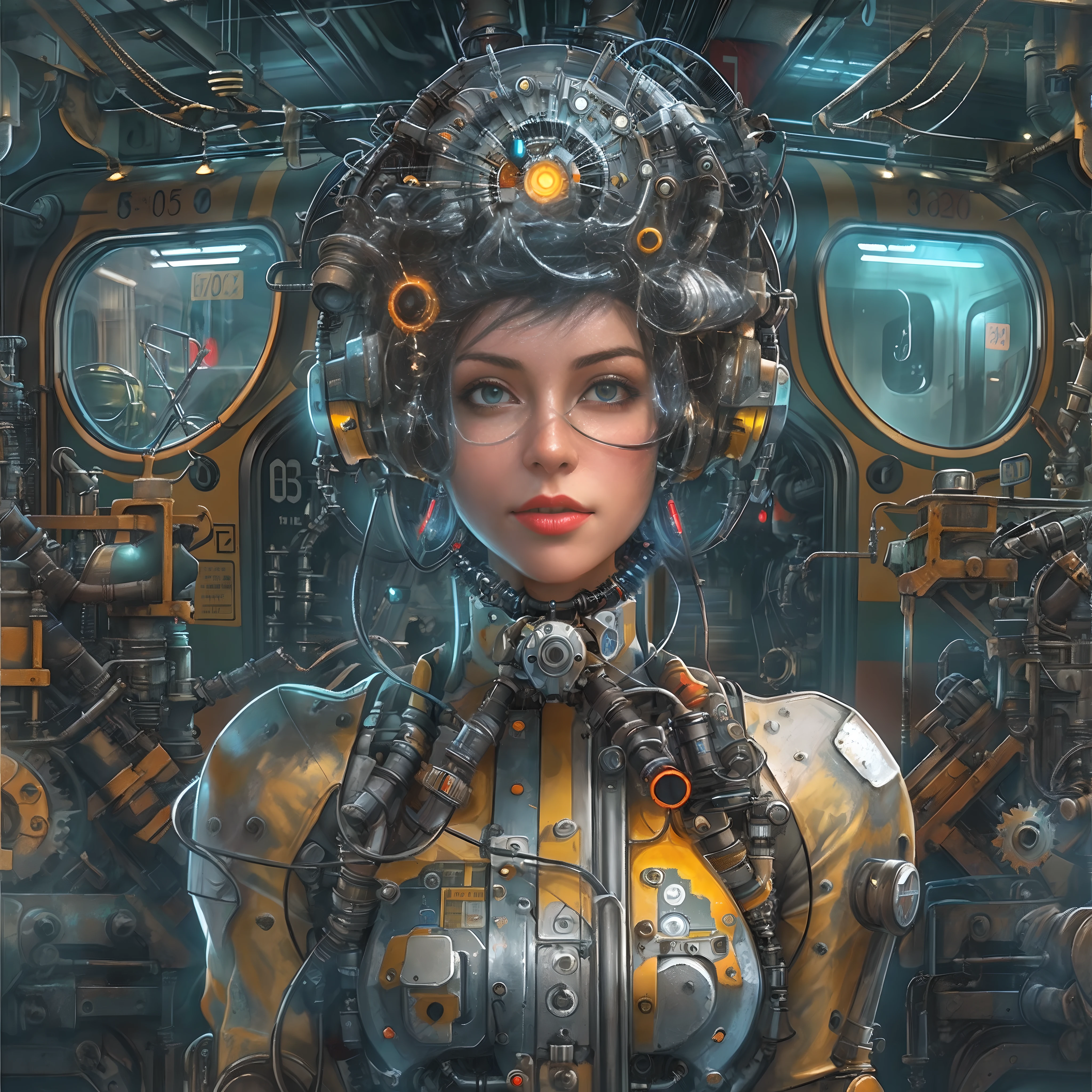 (same character, front, side, back) Create a vibrant cybernetic-style artwork portraying a woman as a train machinist. Imagine a futuristic setting where cybernetic enhancements and technology coexist with the world of locomotives and trains. Bring the scene to life with dazzling colors, intricate mechanical designs, and a strong emphasis on the woman's role as a skilled machinist. Let your creativity flow and showcase a captivating fusion of cybernetics and rail industry in this eye-catching artwork.