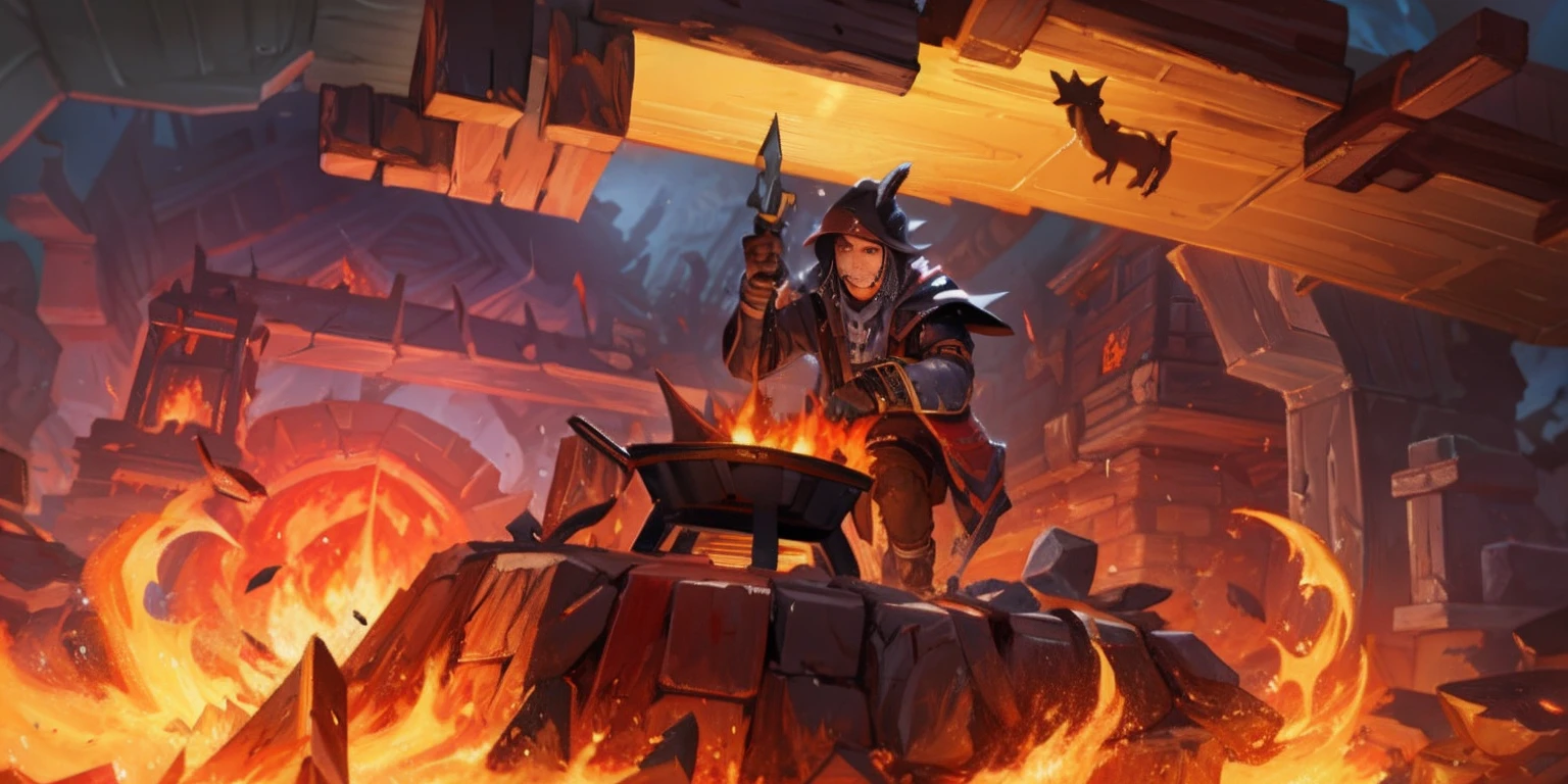 A blacksmith on a fire pit,, , studying a hell open rift portal, splashart, concept-art, splashart, hearthstone art, Game artwork, wrath flame and ruin, ，Strike iron，National style scene。Smelt divine weapons