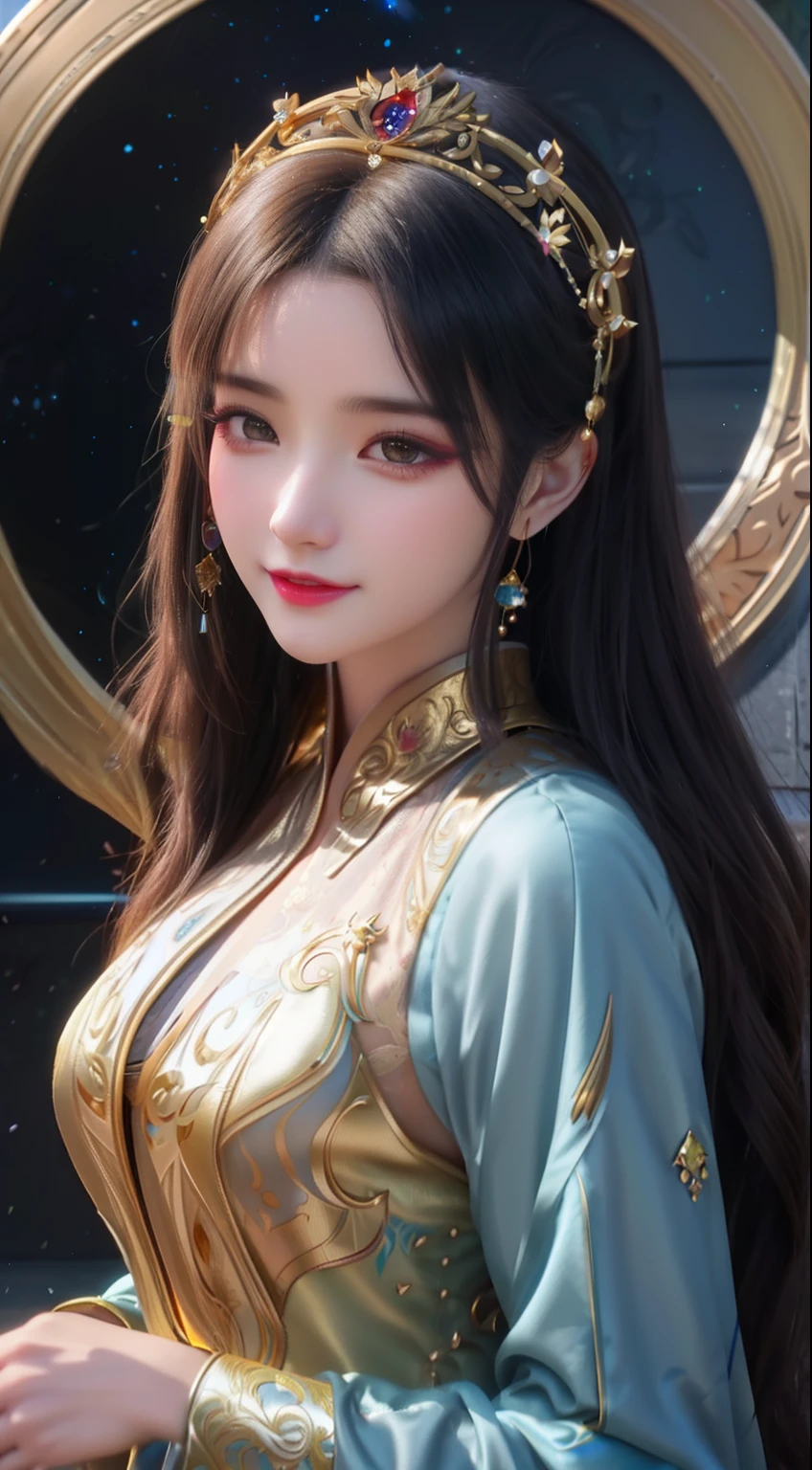 Bust photo, a beautiful woman, messy hair, girly, symmetrical bun, hair accessories, jewelry, delicate face, eye shadow, delicate cyan top, crop top, open button, Dunhuang style, a lot of streamers, cyan streamers, orange streamers, red streamers, delicate skin, soft light effects, delicate and smooth hair, delicate details, eye highlights, fair skin, fine portrayal, extreme details, cinematic quality, thin, slender, broken, hair details, thin bangs, shawl hair, correct body, shadows, air bangs, 8K, Super fine, fine fabric texture, soft, supple, smooth texture, Dunhuang style, delicate pattern, correct hand painting, smile, tsurime, surrealism, ray tracing, UHD, high details, super detail, highres, 8k, high quality, high details, textured skin, ccurate
