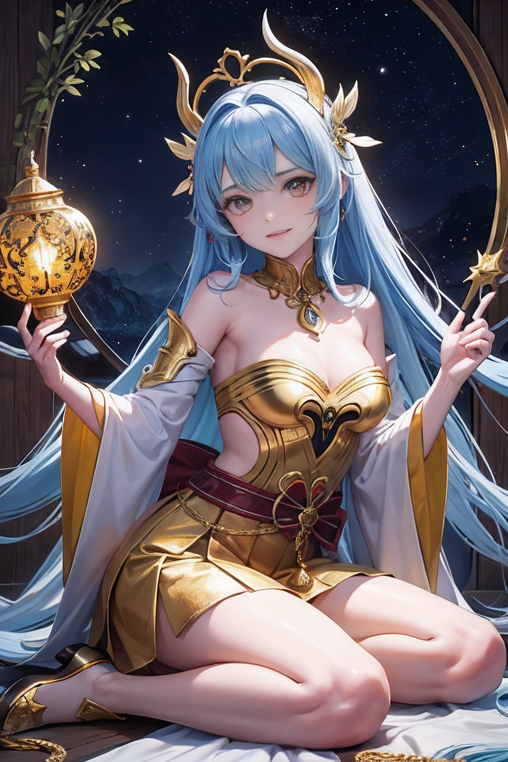 top-quality、Top image quality、masterpiece、Super beautiful elf beauty((24 year old、Best Bust、big bast、Bust 90,beautiful blue long ironed hair、a blond、globe、A sexy、A slender、a closeup、Esbian、beautiful tiara、hiquality、Beautiful Art、Background with((starrysky)))masutepiece、visualart、depth of fields、low angle of morning sky、、Elven ears、、light magic、Space Knight、harp melody🎵、Happy smile、Gentle light、、Beautiful legs that are gentle on the skin、、、Number of fingers to achieve precise finger movements、ティッカー美しい装飾のundergarment、elegent、Mystical Rosa、 heaven、Marble pillars, beautiful dressy、magnificent marble dome、巨大なglobe、religious painting、Embracing the Earth、temple of time、spectacular clock、hour glass、sundial、Heaven and earth are created、A sexyなストッキング、undergarment