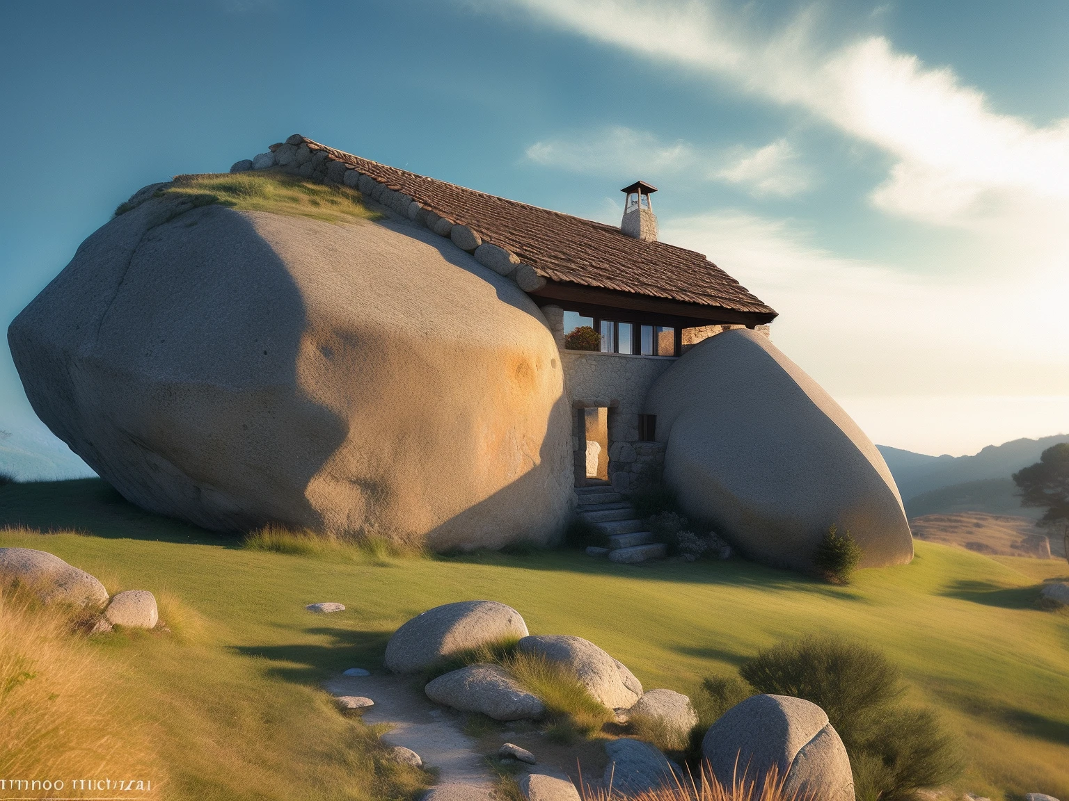 Hay una gran roca con una casa encima, Rustic stone cabin in Horizon, Techo de roca, Casa en una colina, Megalithic buildings, Casa preciosa, fantasy house, Casa medieval, cabin, techo de piedra, Strange buildings, por Joze Ciuha, por Antonín Chittussi, Luz del sol y casas caprichosas, Megalithic