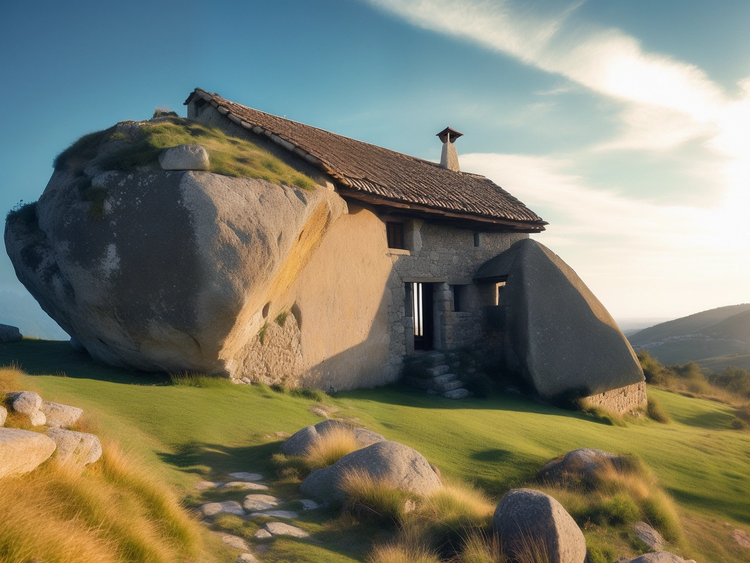 Hay una gran roca con una casa encima, Rustic stone cabin in Horizon, Techo de roca, Casa en una colina, Megalithic buildings, Casa preciosa, fantasy house, Casa medieval, cabin, techo de piedra, Strange buildings, por Joze Ciuha, por Antonín Chittussi, Luz del sol y casas caprichosas, Megalithic