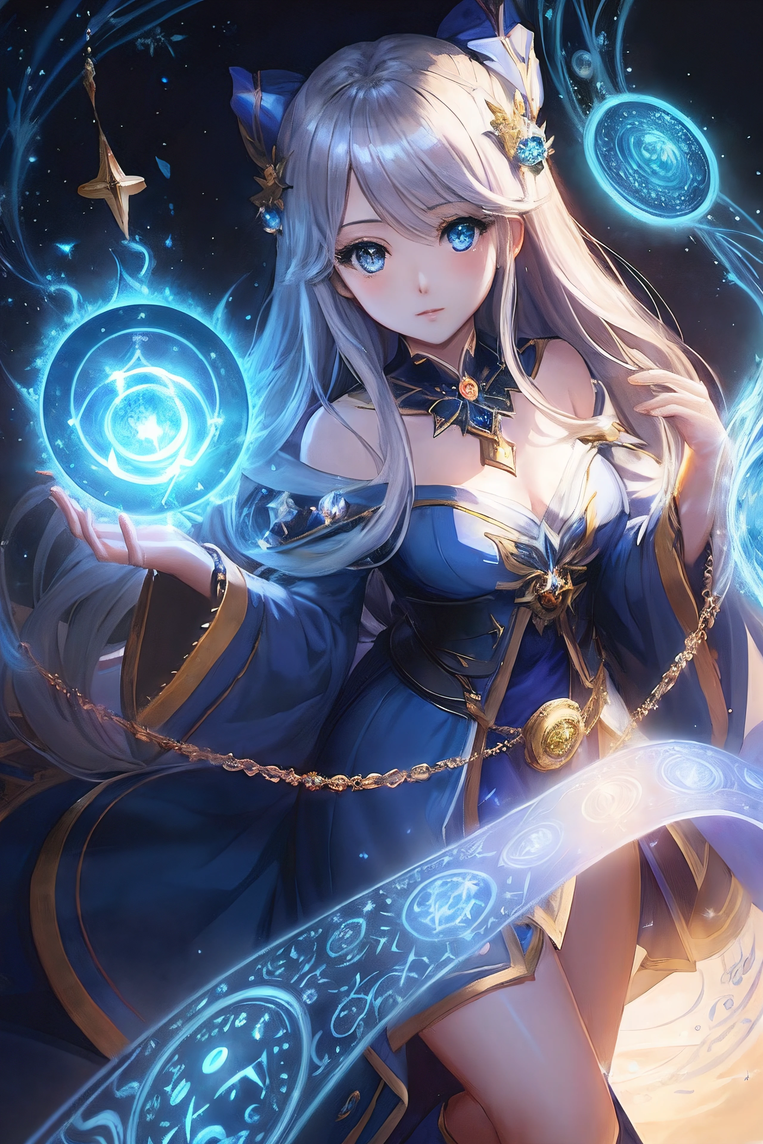 Woman in blue dress with glowing orb, beautiful celestial mage, very detailed Artgerm, portrait knights of zodiac girl, anime fantasy illustration, anime fantasy artwork, beautiful sorceress, epic mage girl character, Fantasy Art Style, ! Dream ArtGerm, ArtGerm on ArtStation Pixiv, fanart best artstation, ArtGerm. Anime Illustration