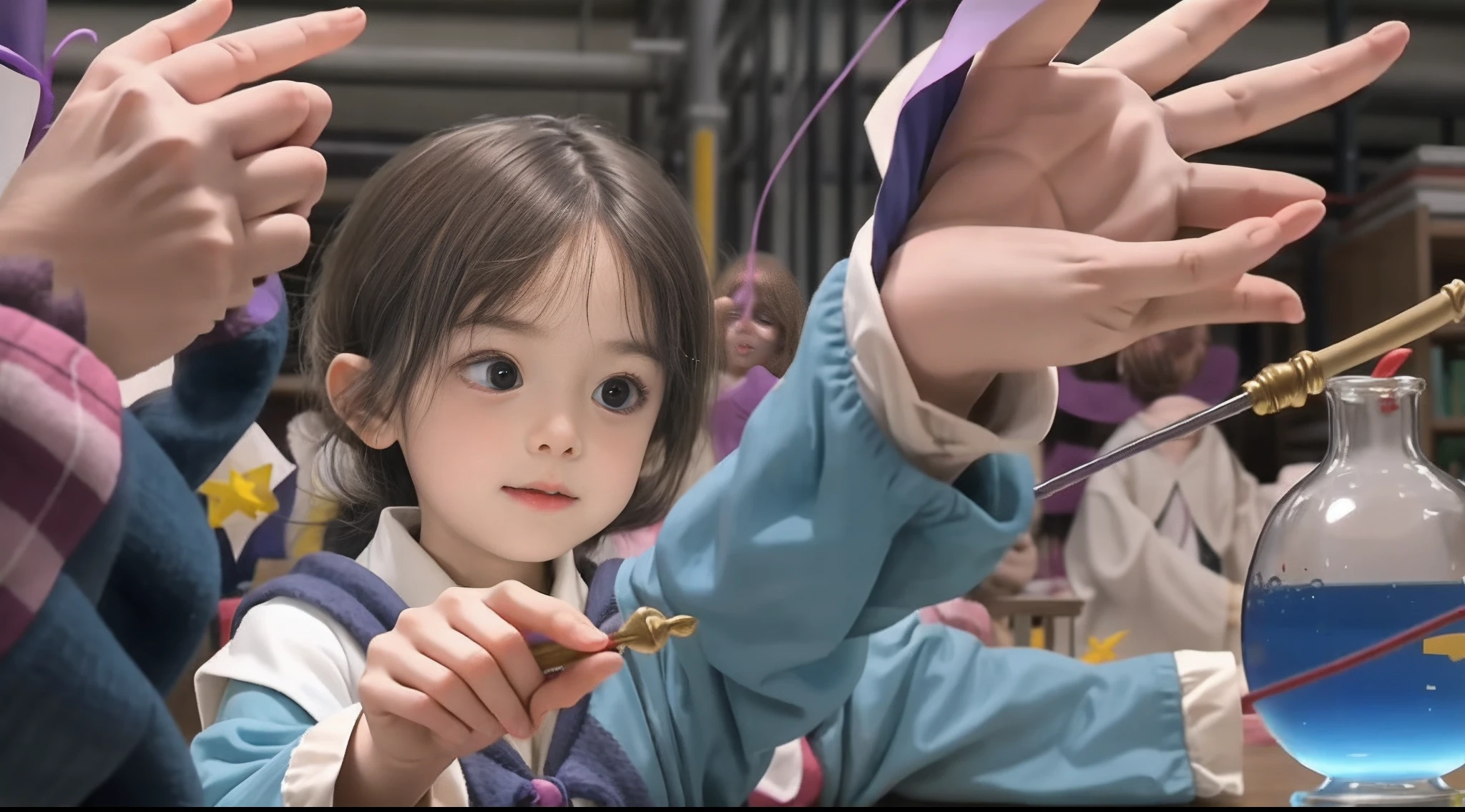 Paper on the lab table;With the wave of the children's magic wand;Slowly floated into the air;A group of children;Experiment in the lab;They wore magic robes;Holding a magic wand in his hand