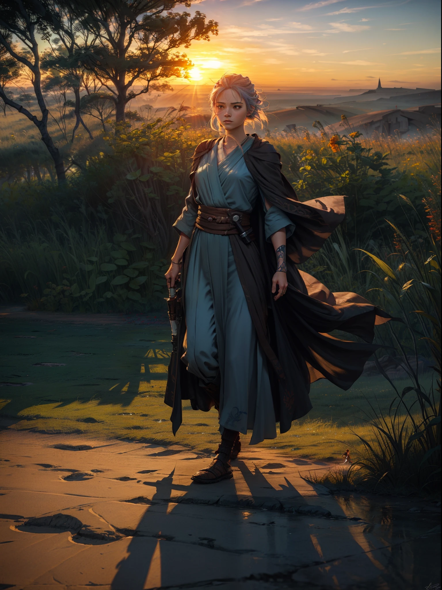 "A jedi knight in the style of Ghibli, with intricately detailed artwork and concept art, inspired by WLOP's signature style, set against a vibrant sunset."