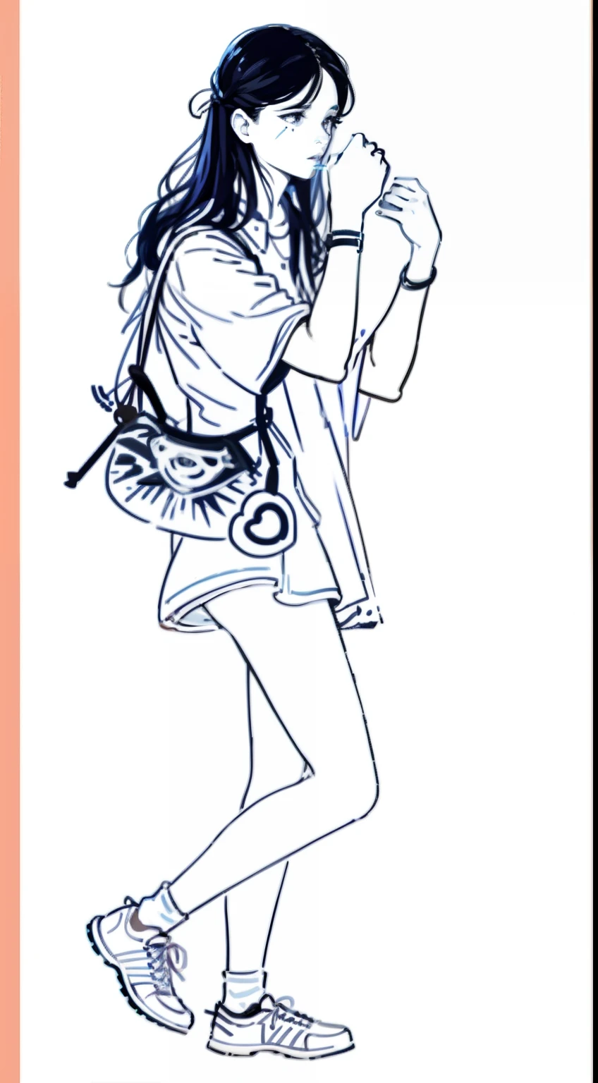 Painting of a woman carrying a backpack and a mobile phone, perfect lineart, Line sketch, line art illustration, clean ink detailed line drawing, beautiful line art, contour drawing, clean lineart, full body drawing, realisticlying。