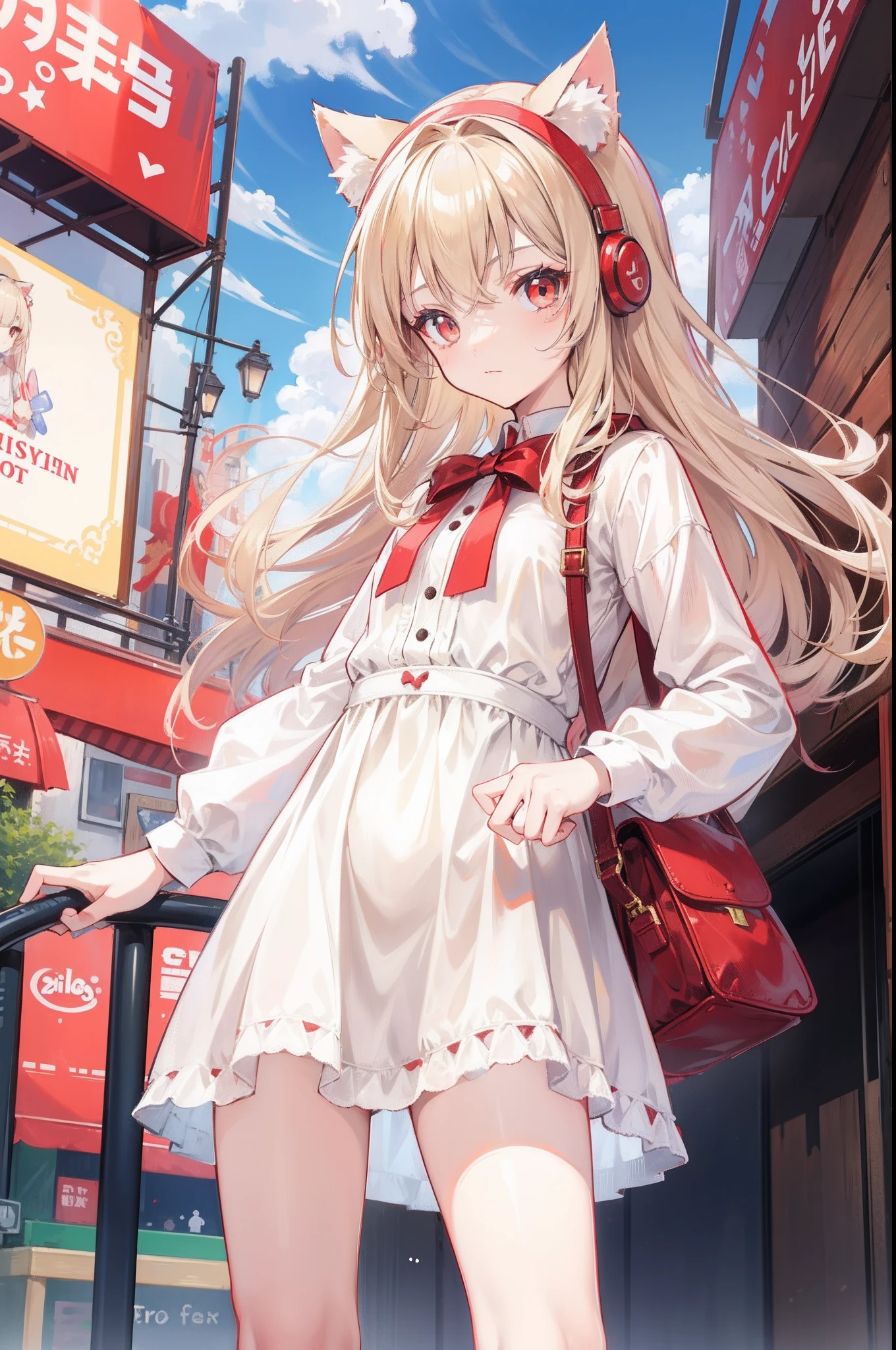 1girll,bit girl,Petite,Long beige hair,red color eyes,Cat ear headband,Casual dress,An amusement park
